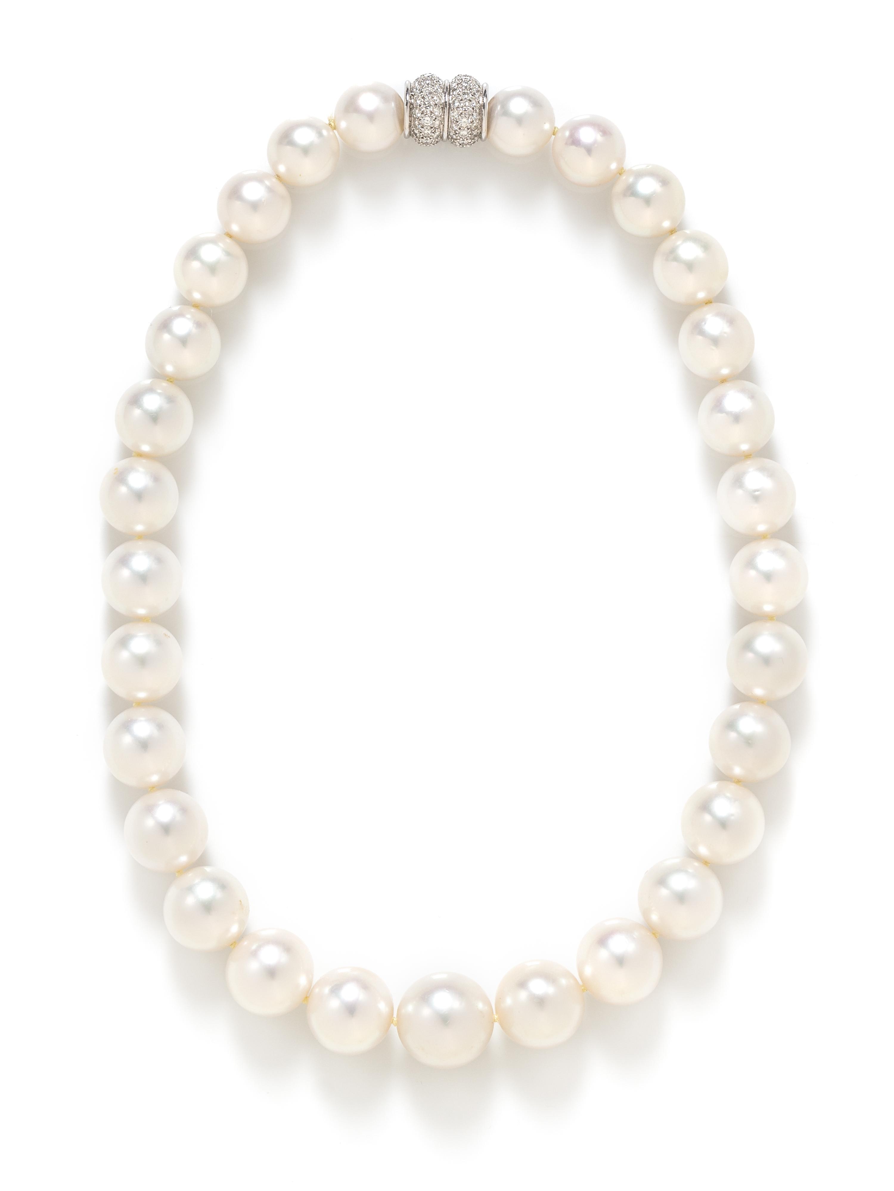 A White Gold, Diamond and Graduated Cultured South Sea Pearl Necklace,