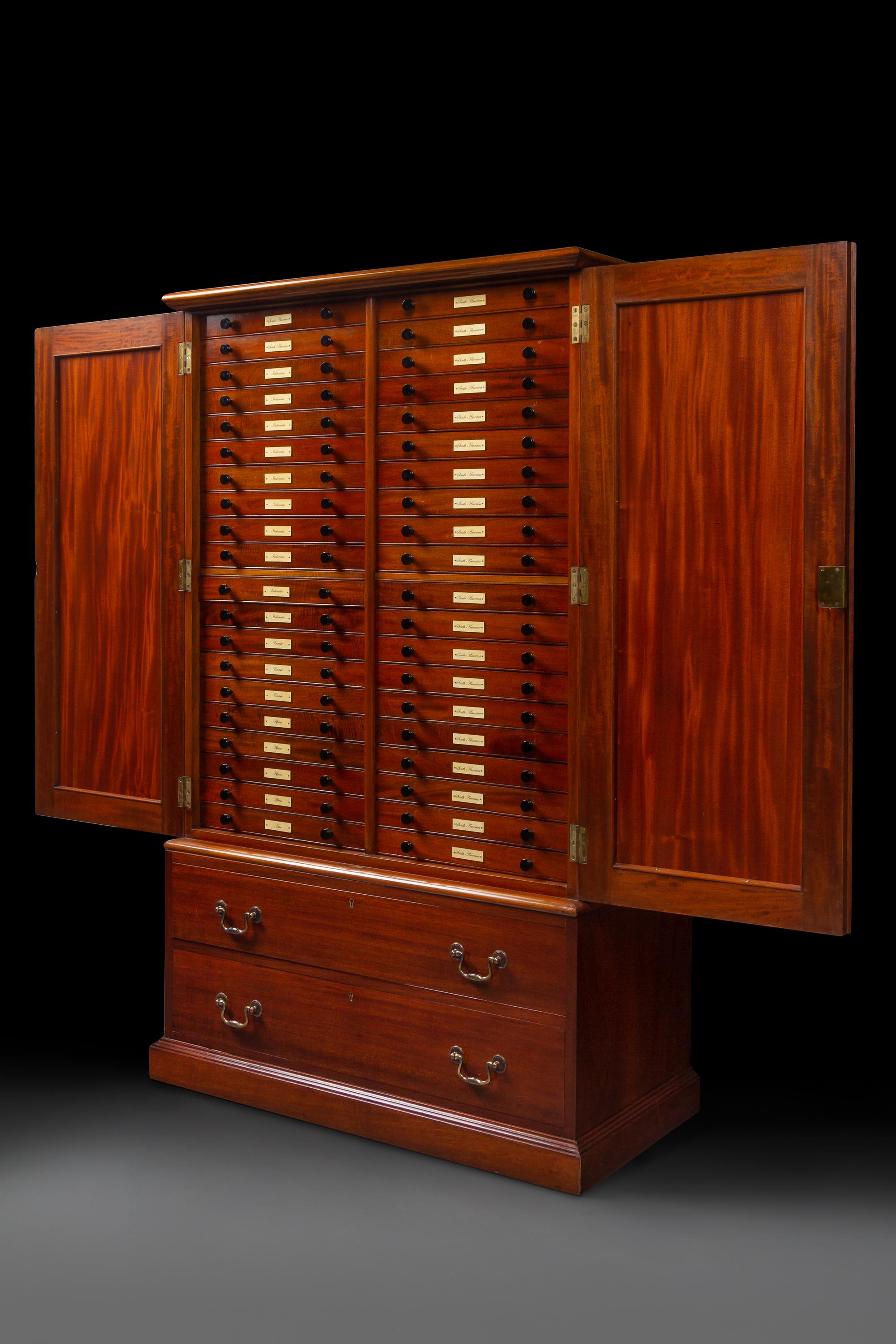 An English Mahogany and Marquetry Butterfly Collector's Cabinet with a Collection of Specimens