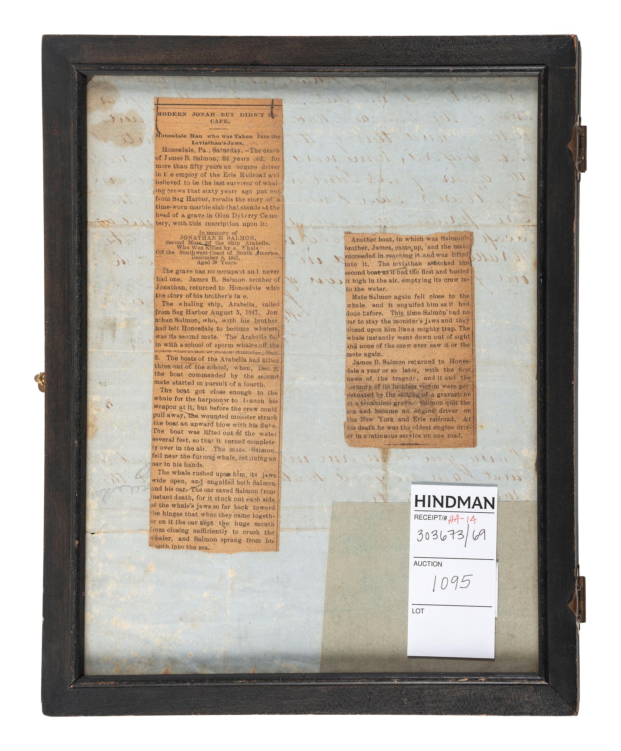 [WHALING]. HODGSON, James. Autograph letter signed ("James Hodgson"), as First Officer of Ship Arabella, to Charles Milton Salmon (1824-1904). Ship Arabella , S. Lat 38.20 Long. 26.00 W, 17 December 1847.