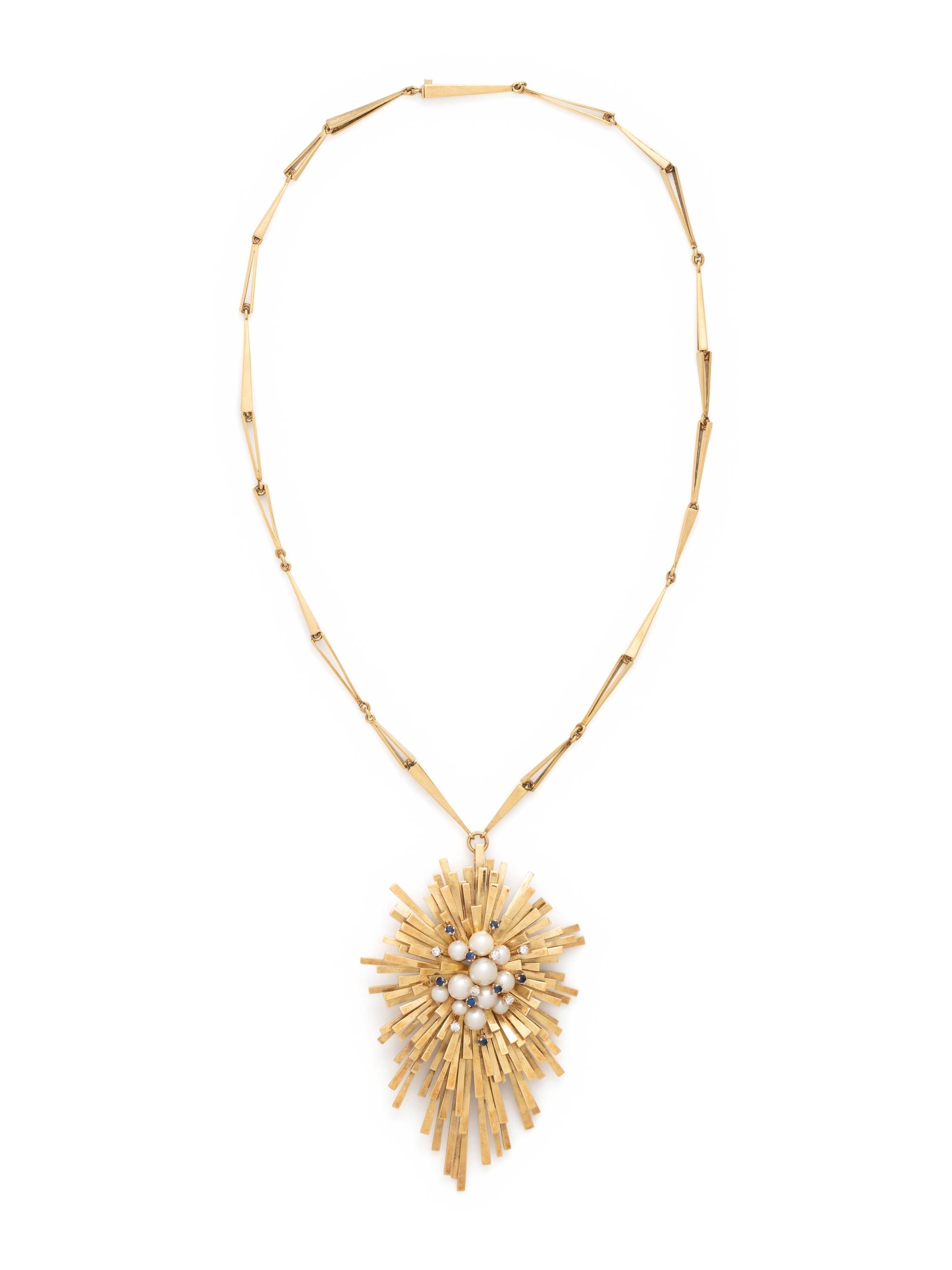 DAVID THOMAS, YELLOW GOLD, DIAMOND, CULTURED PEARL AND SAPPHIRE PENDANT/NECKLACE
