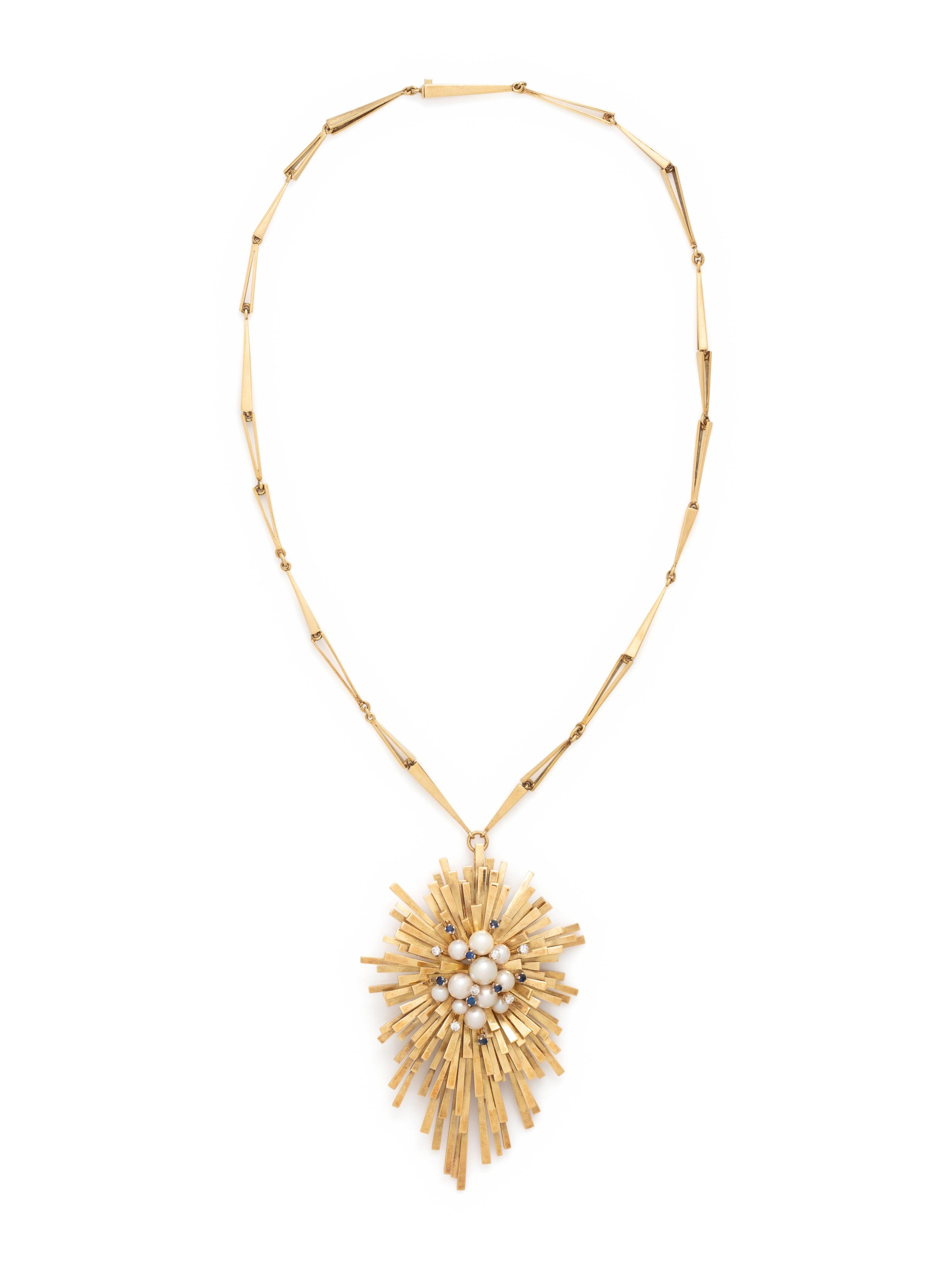 DAVID THOMAS, YELLOW GOLD, DIAMOND, CULTURED PEARL AND SAPPHIRE PENDANT/NECKLACE