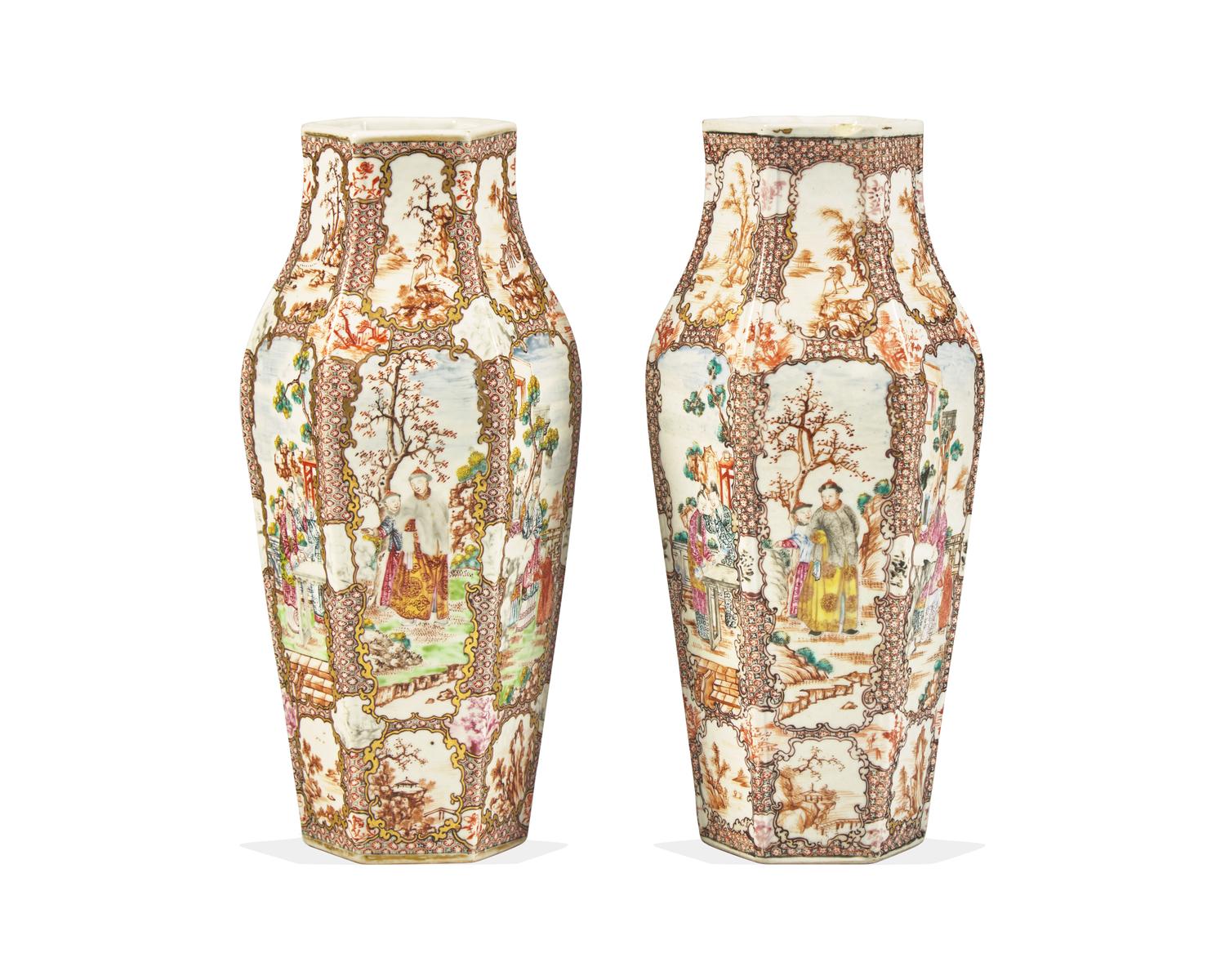 A Pair Of Chinese Export Porcelain Famille Rose Hexagonal Vases