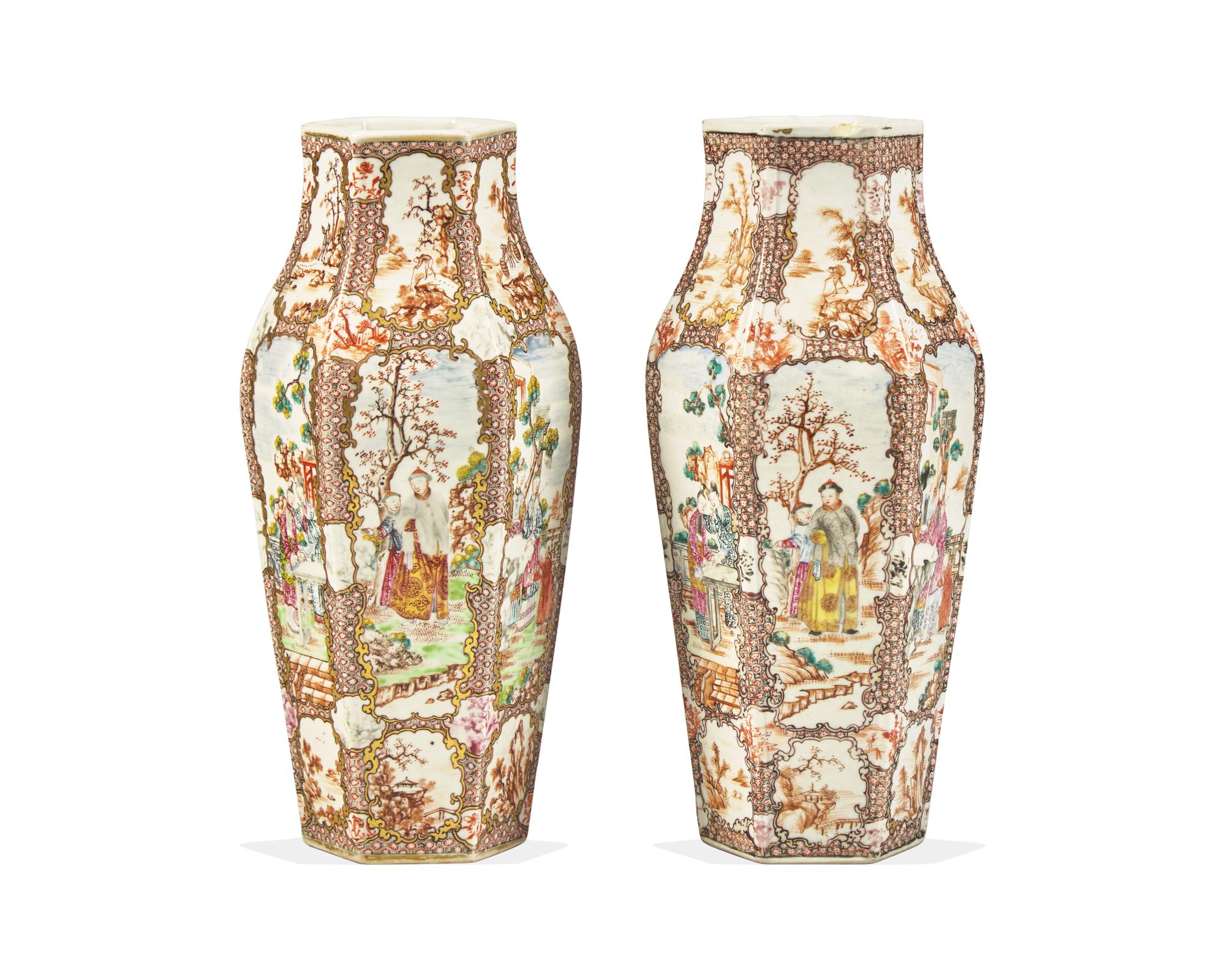 A Pair Of Chinese Export Porcelain Famille Rose Hexagonal Vases