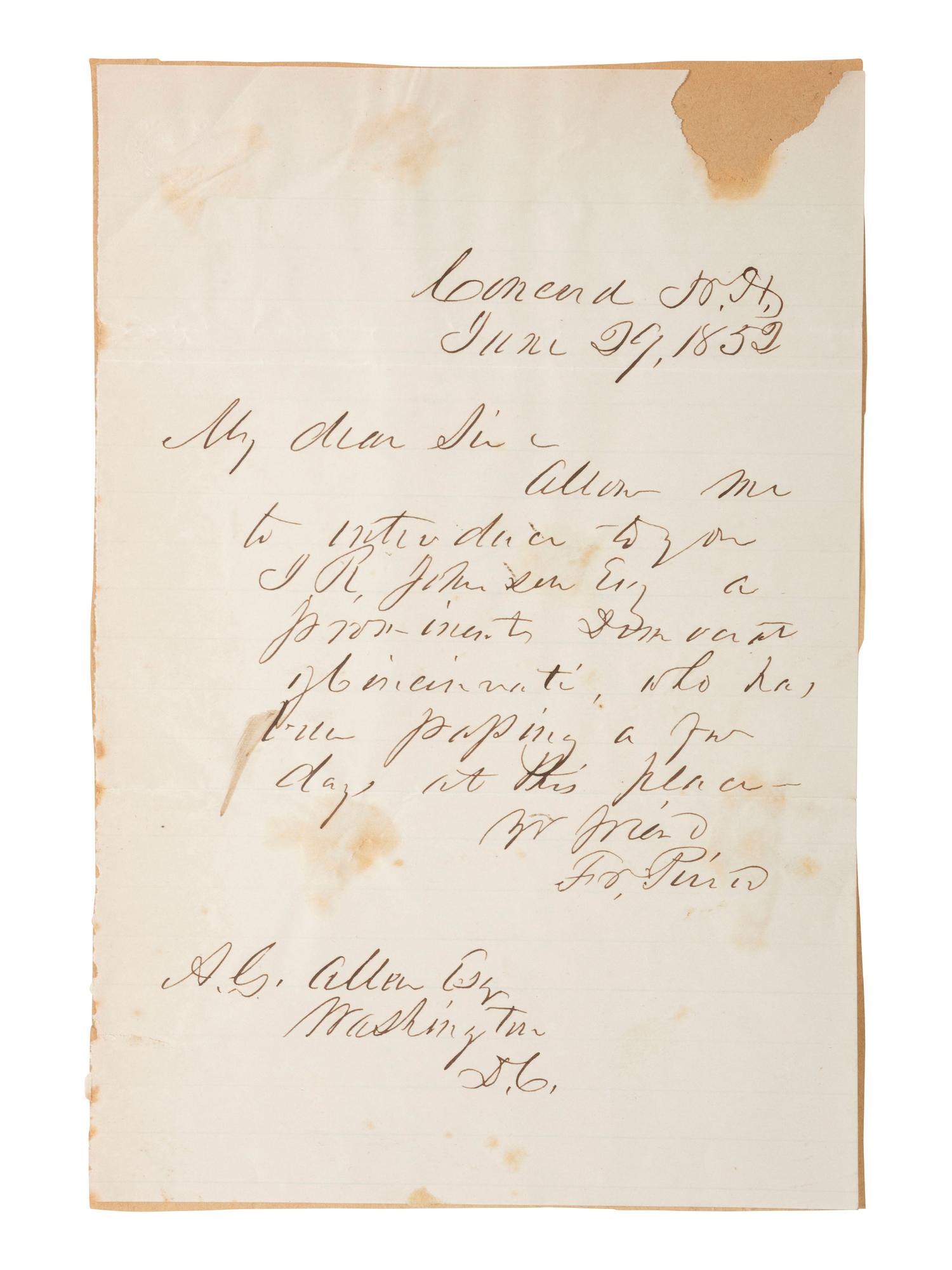 US Presidents [PIERCE, FRANKLIN (1804-1869)]. Salt print portrait ca 1858 and ALS ("Fr. Pierce"). Concord, NH. 29 June 1852.