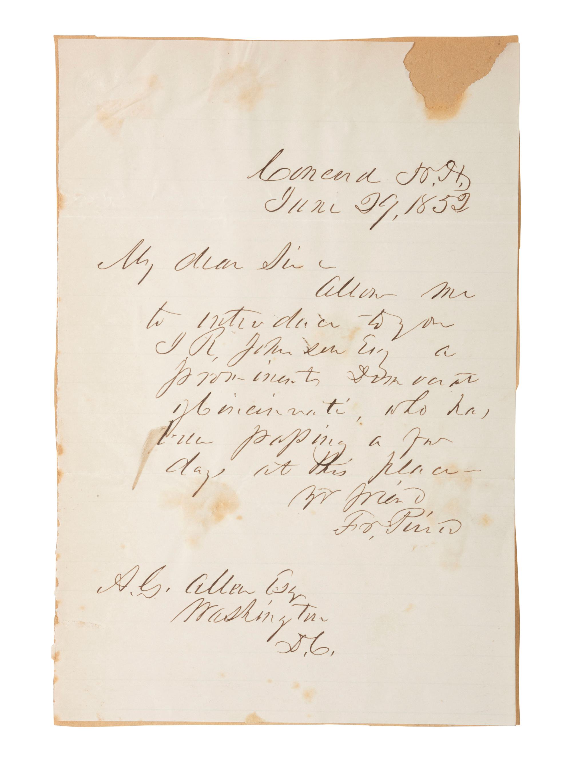 US Presidents [PIERCE, FRANKLIN (1804-1869)]. Salt print portrait ca 1858 and ALS ("Fr. Pierce"). Concord, NH. 29 June 1852.