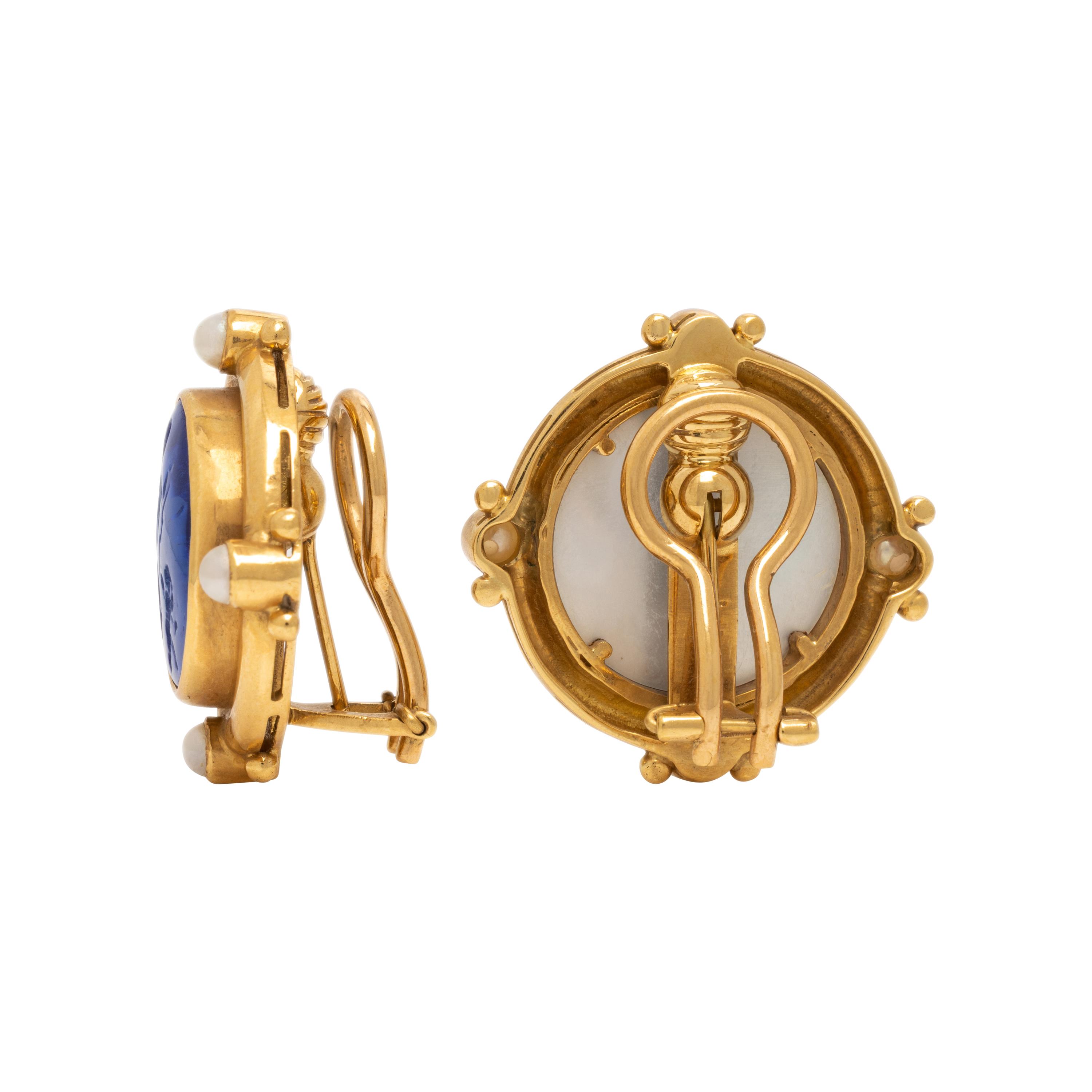 Elizabeth Locke, Venetian Glass Intaglio, Cultured Pearl, and Yellow Gold Earrings