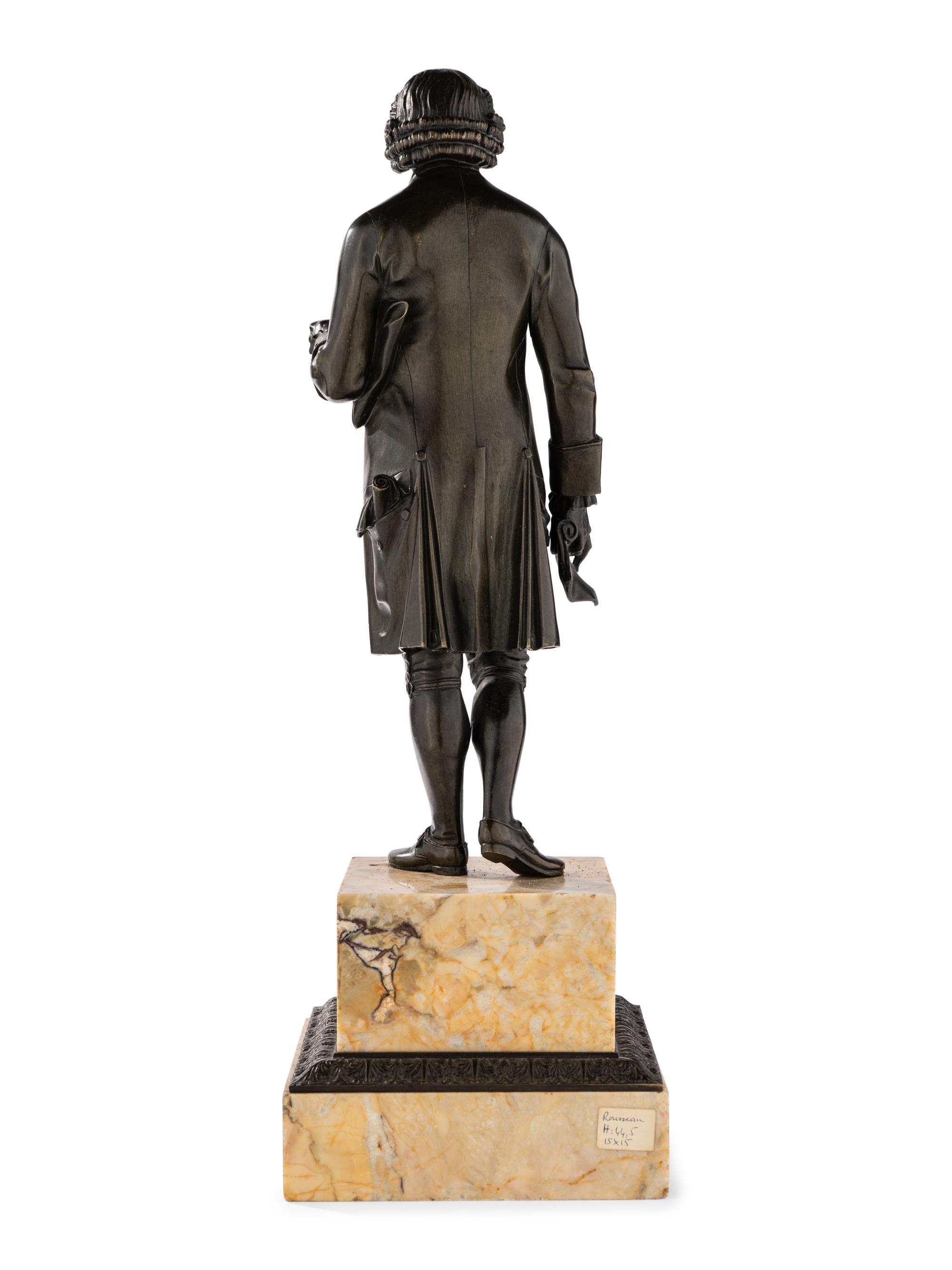 A Pair of French Bronze and Sienna Marble Sculptures of Voltaire and Rousseau