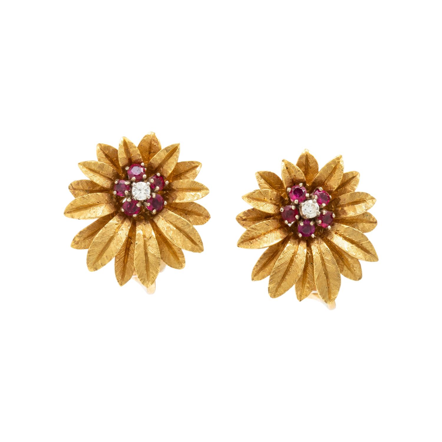 Synthetic Ruby, Diamond, and Yellow Gold Flower Earrings