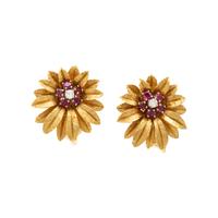 Synthetic Ruby, Diamond, and Yellow Gold Flower Earrings