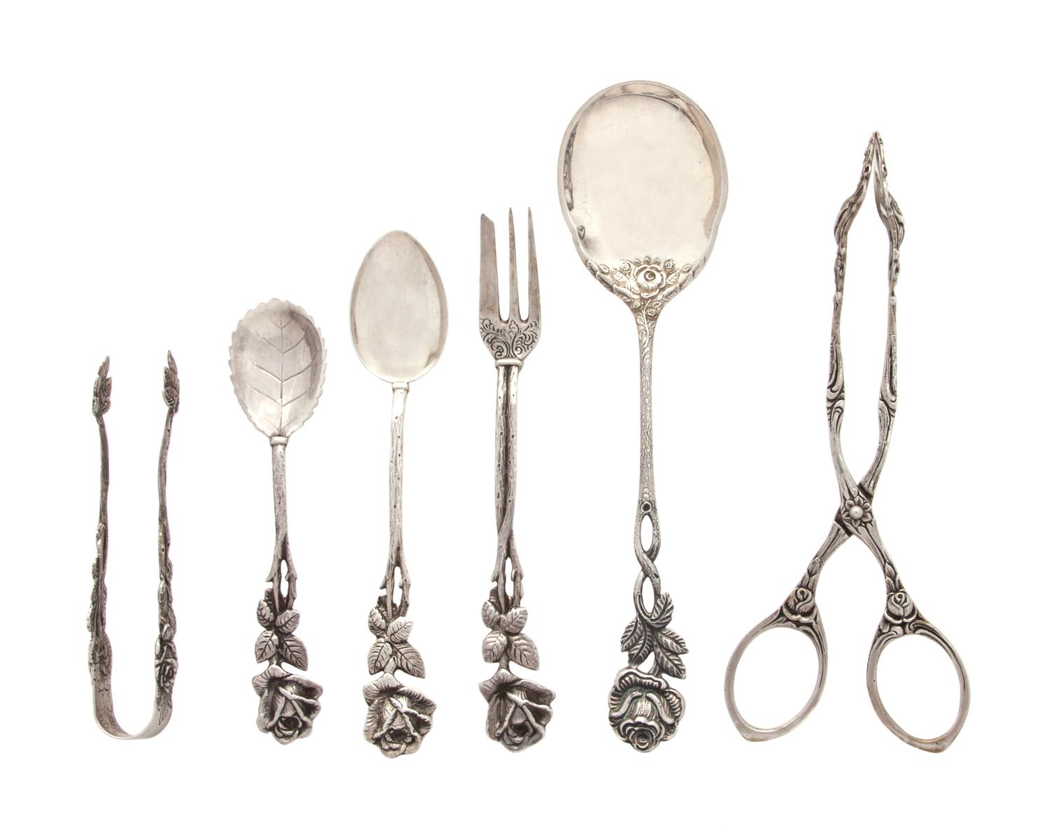 A Group of Continental Silver Flatware, , each with an entwined branch form handle and a rose terminal, comprising: 6 fish forks 6 teas