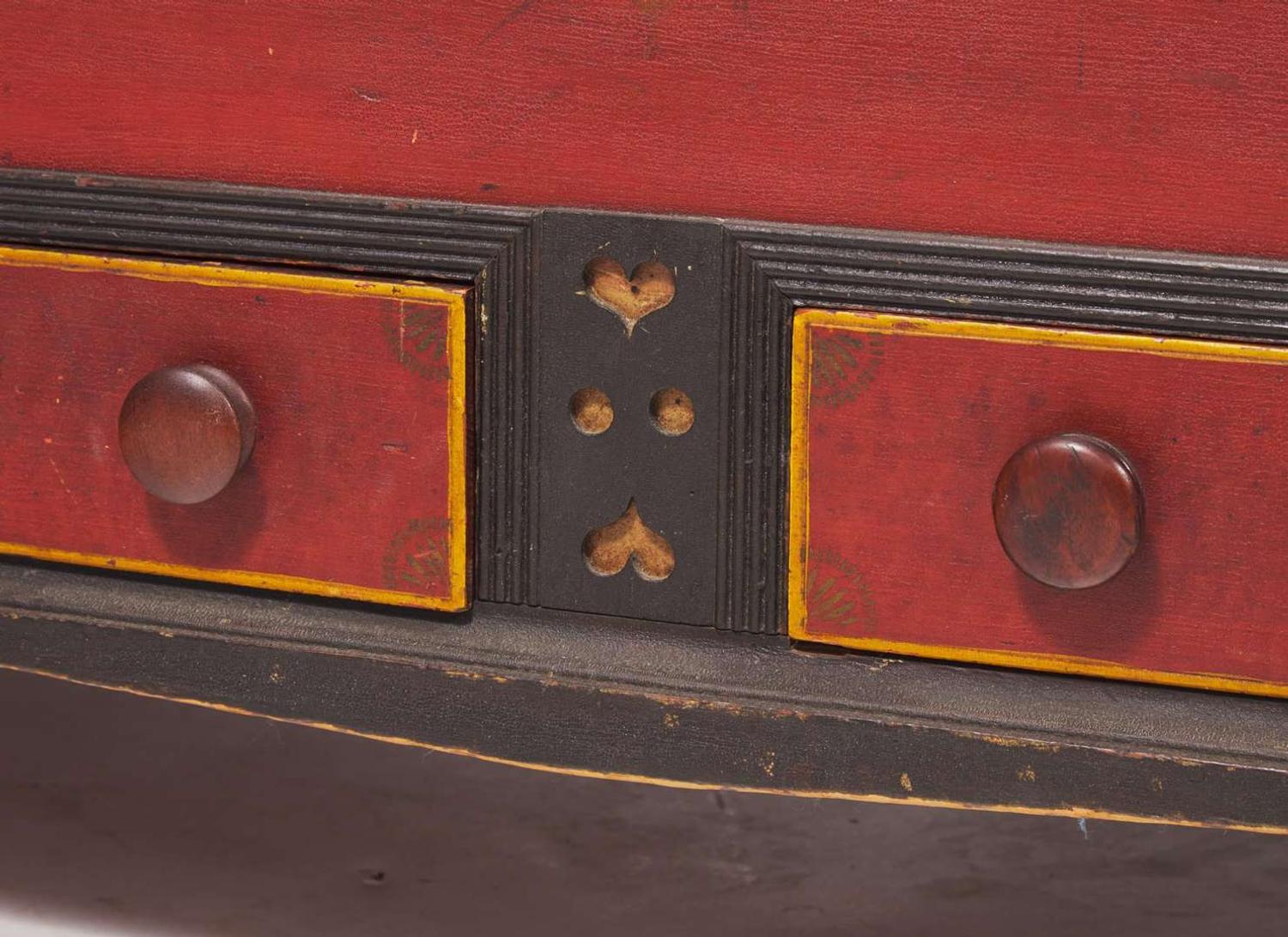 A Soap Hollow painted and stencil-decorated pine blanket chest with drawers, Somerset County, PA, dated "1866"