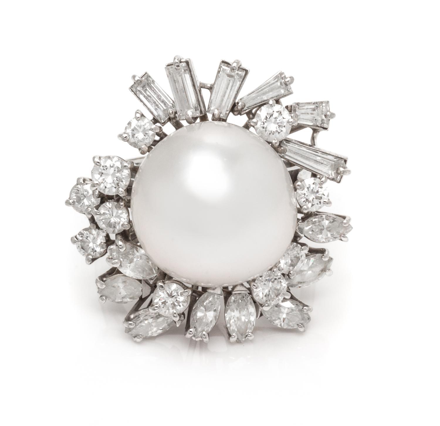 A Platinum, Cultured South Sea Pearl and Diamond Ring, 7.90 dwts.