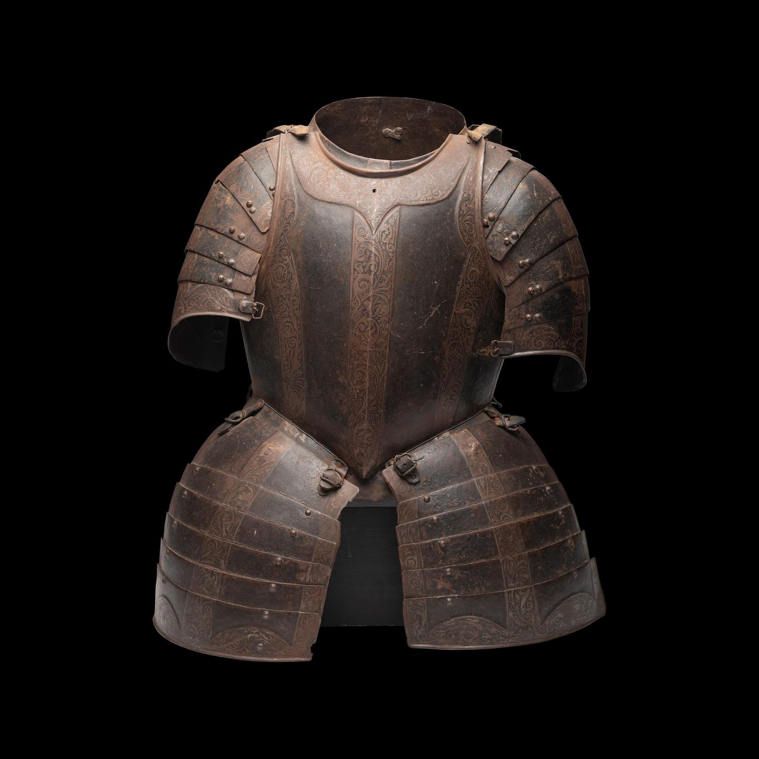 A 17th Century German Etched and Painted Half Suit of Armor