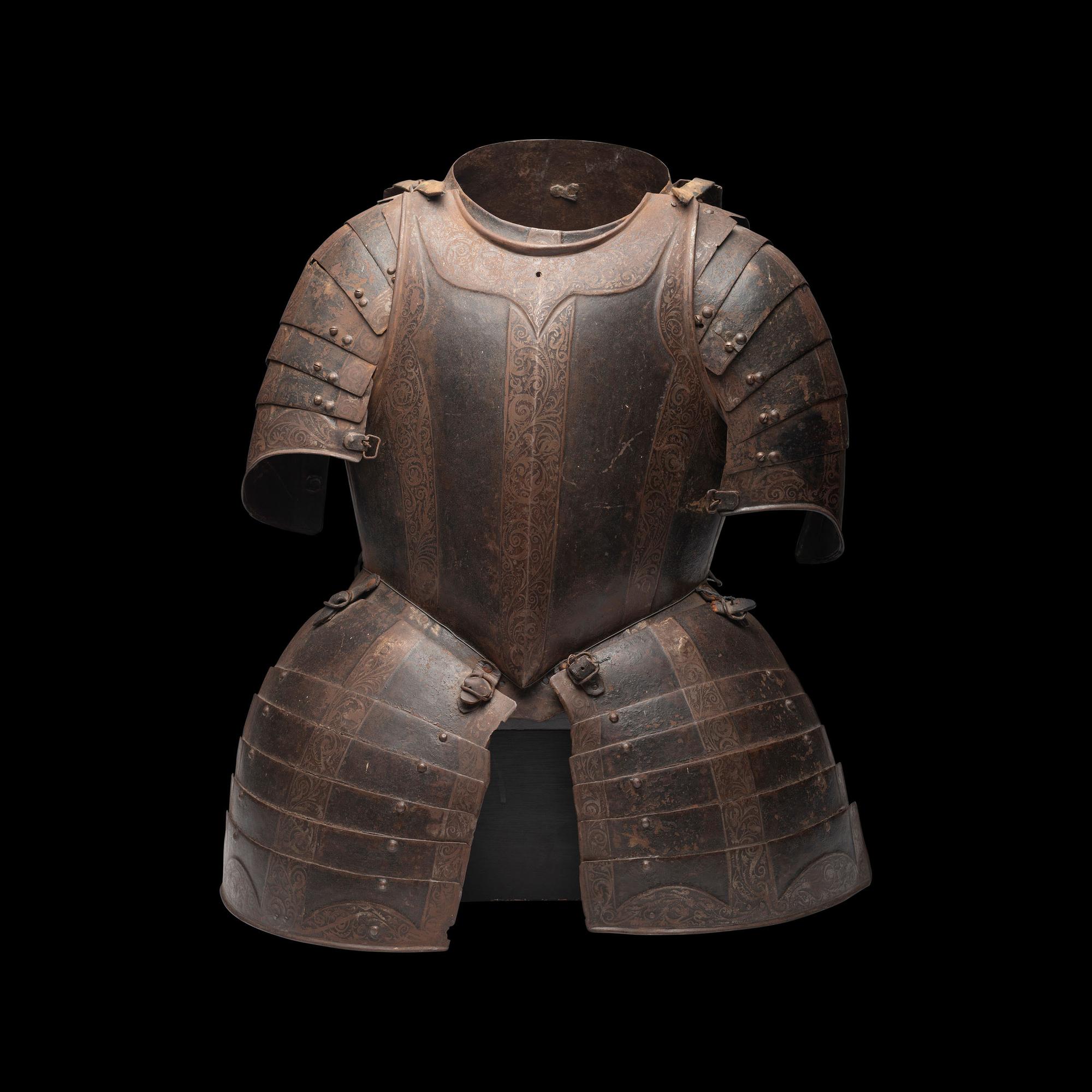 A 17th Century German Etched and Painted Half Suit of Armor