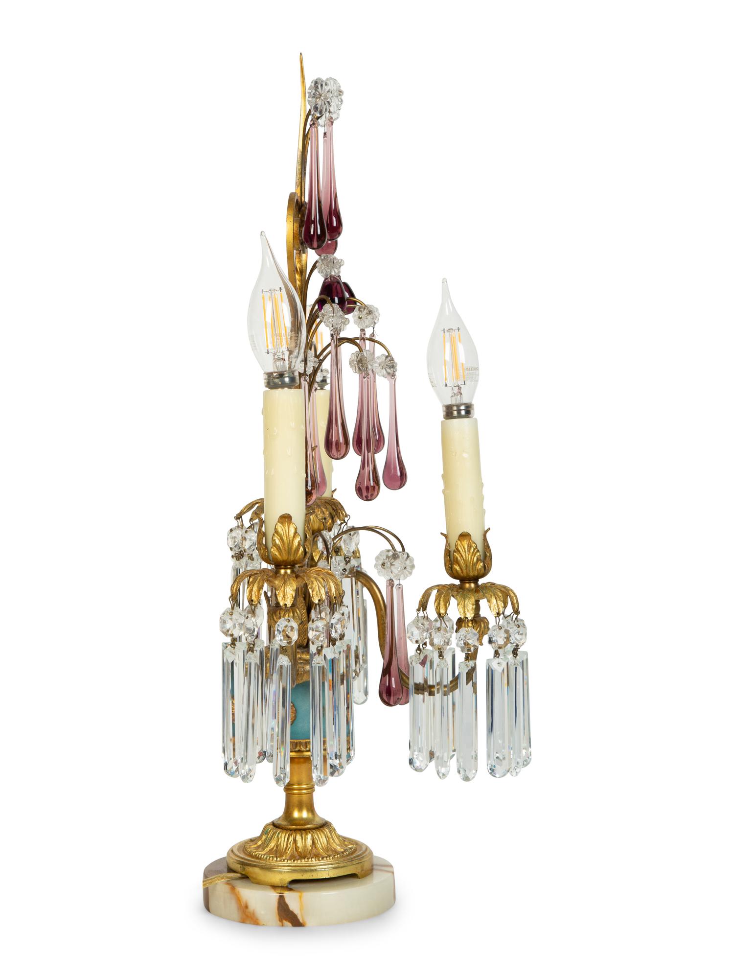 A Pair of Italian Gilt Bronze and Glass Three-Light Candelabra