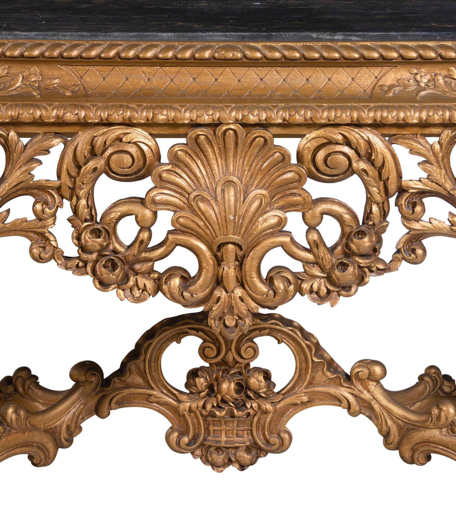 A Pair of Italian Baroque Style Giltwood Composition Marble-Top Console Tables