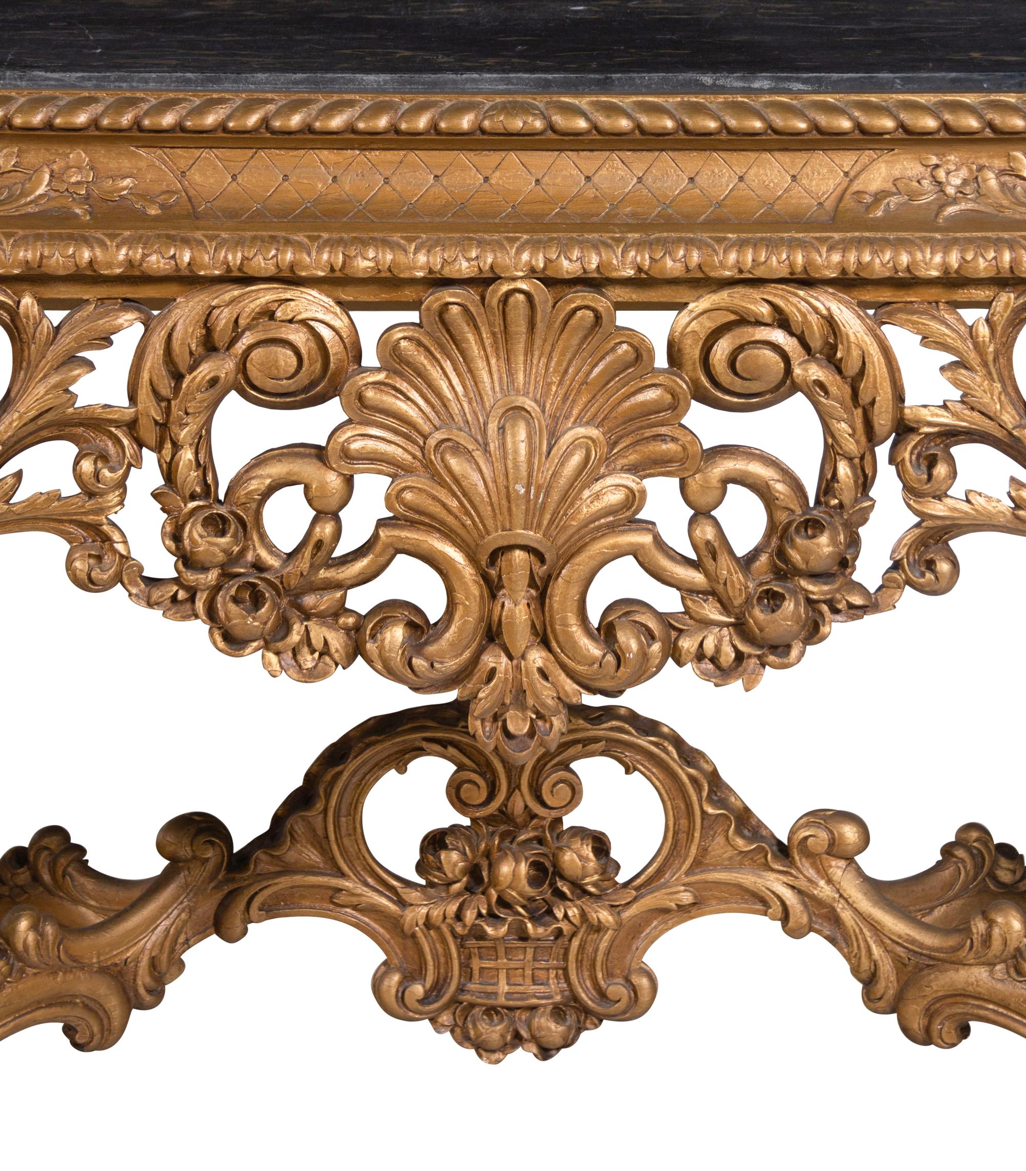 A Pair of Italian Baroque Style Giltwood Composition Marble-Top Console Tables