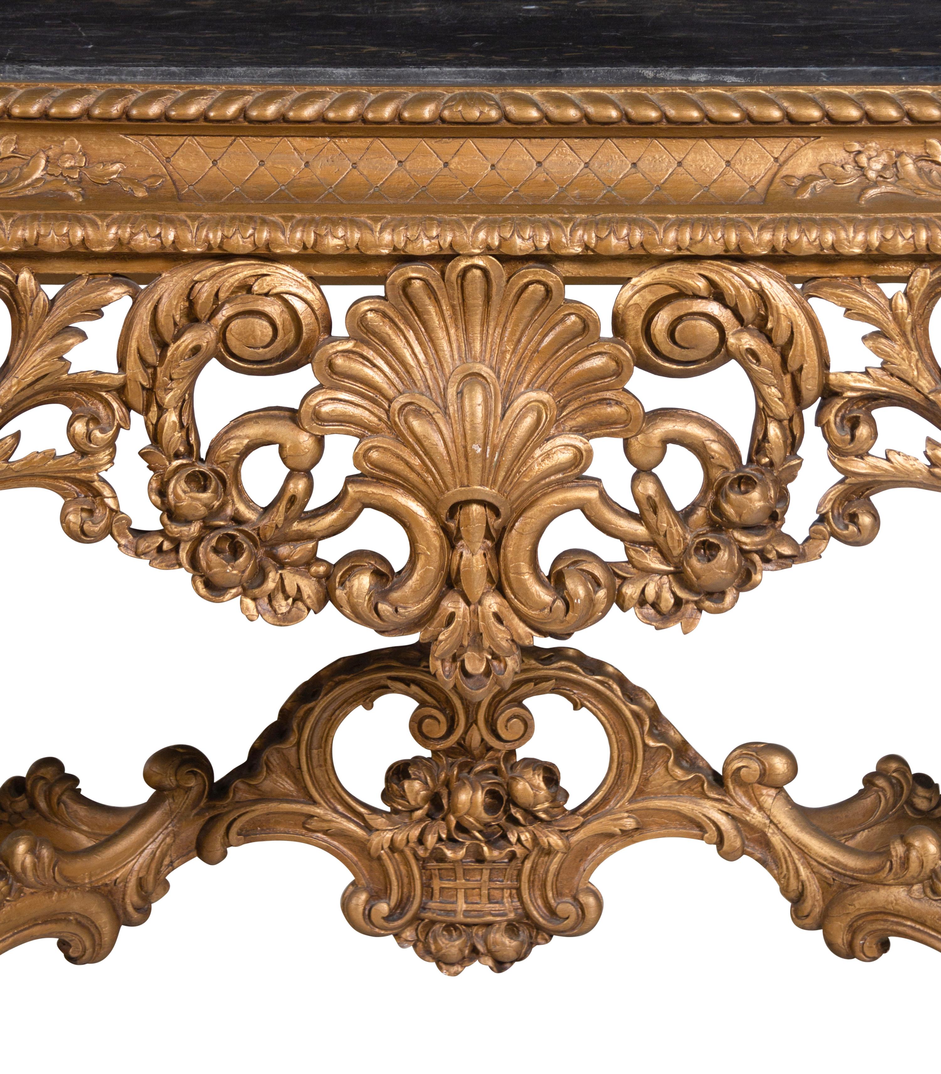 A Pair of Italian Baroque Style Giltwood Composition Marble-Top Console Tables