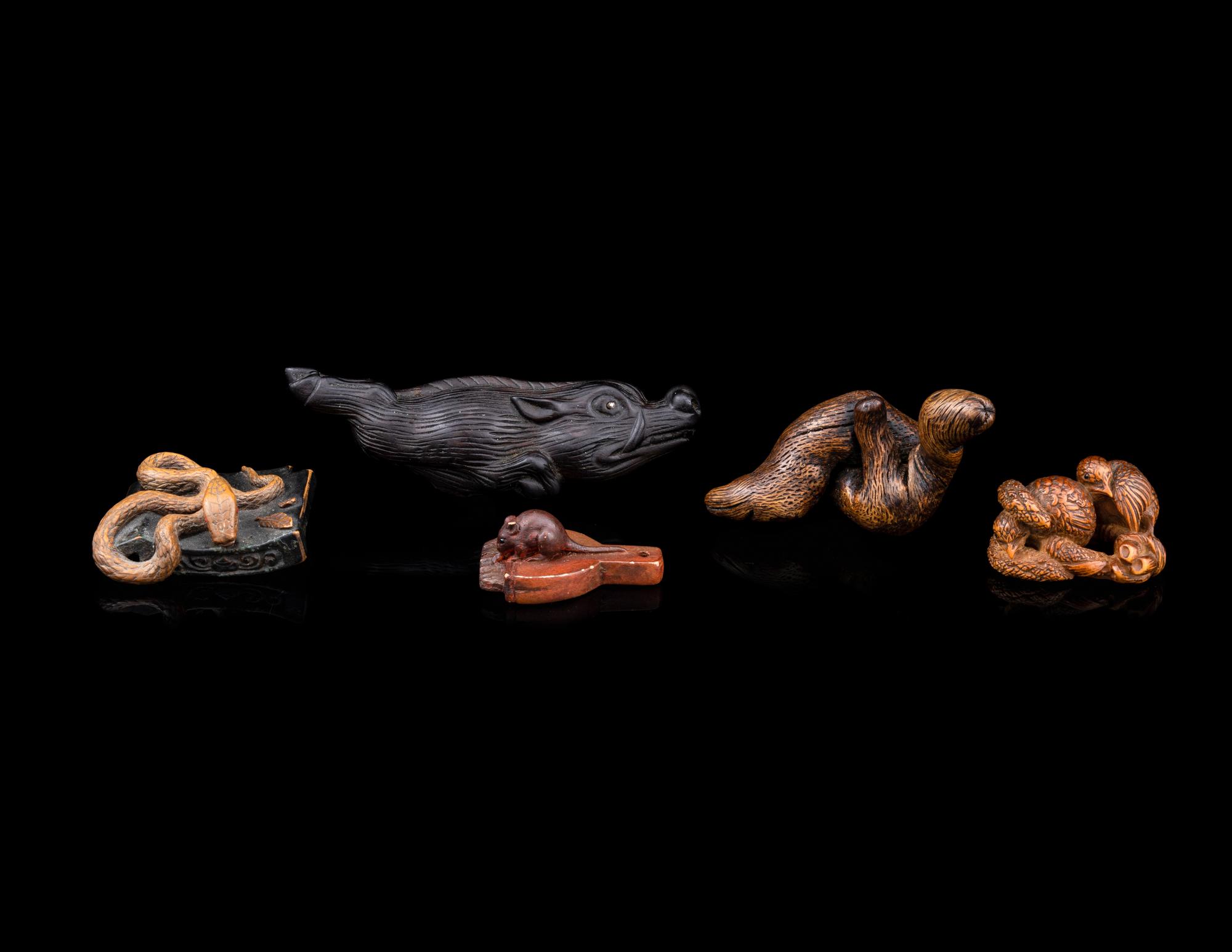 Five Japanese Carved Wood Netsuke