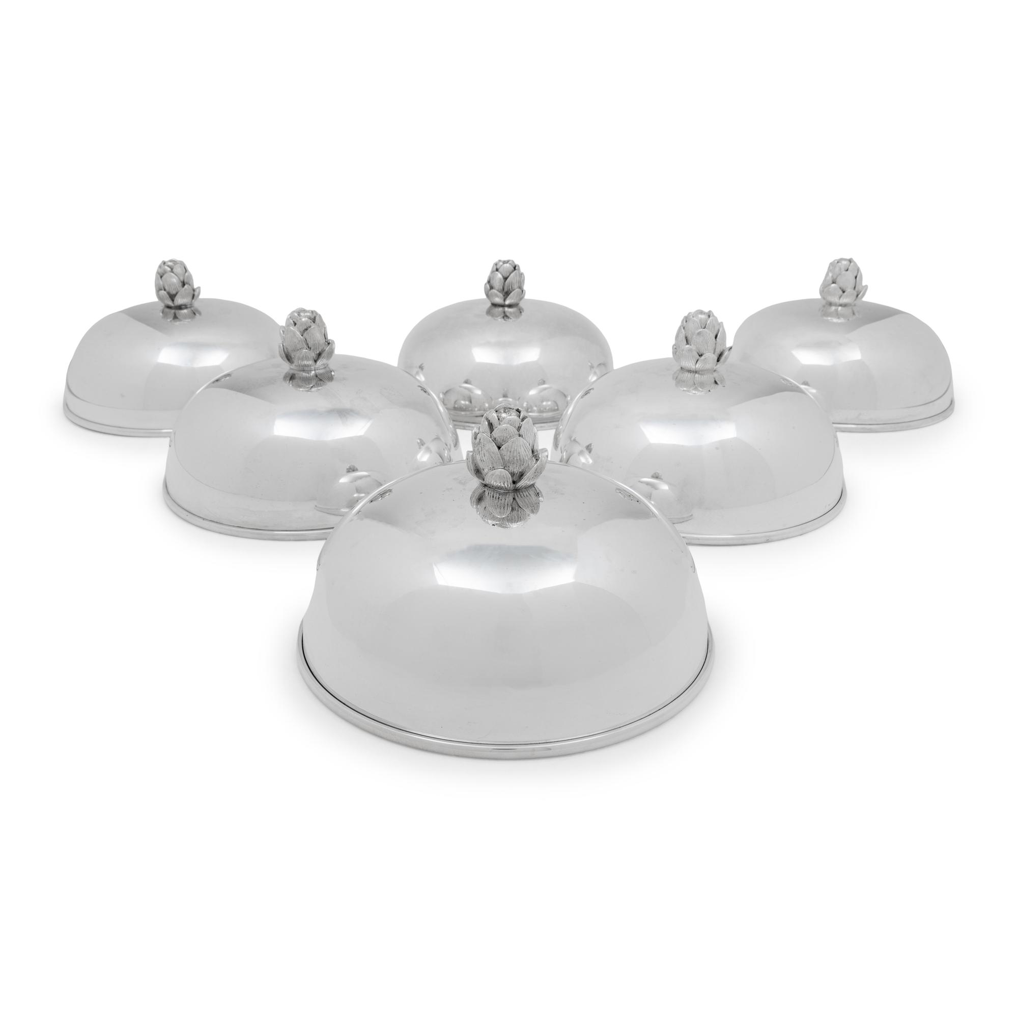 A Set of Six Puiforcat Silver-Plate Cloches