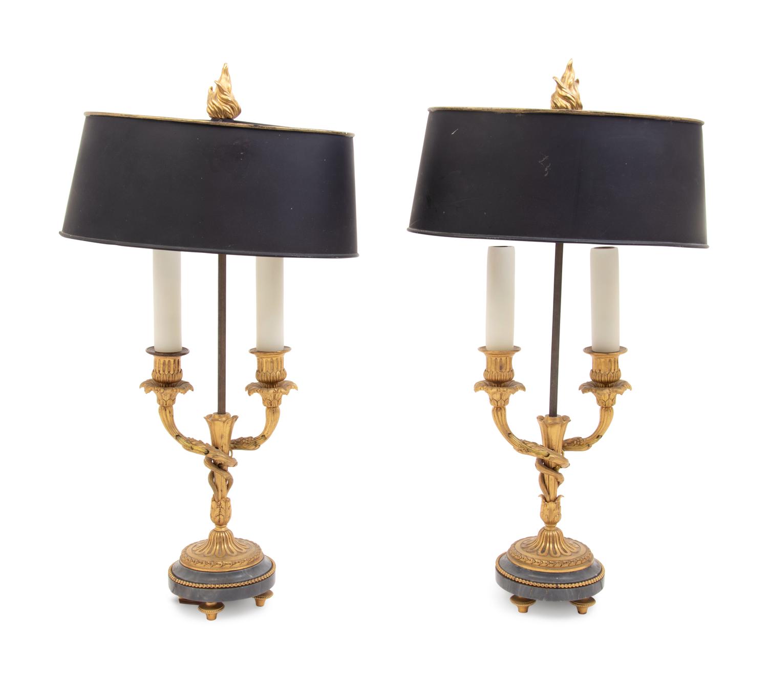A Pair of Louis XVI Style Gilt Bronze and Marble Two-Light Lamps with Tôle Shades