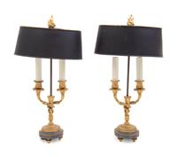 A Pair of Louis XVI Style Gilt Bronze and Marble Two-Light Lamps with Tôle Shades