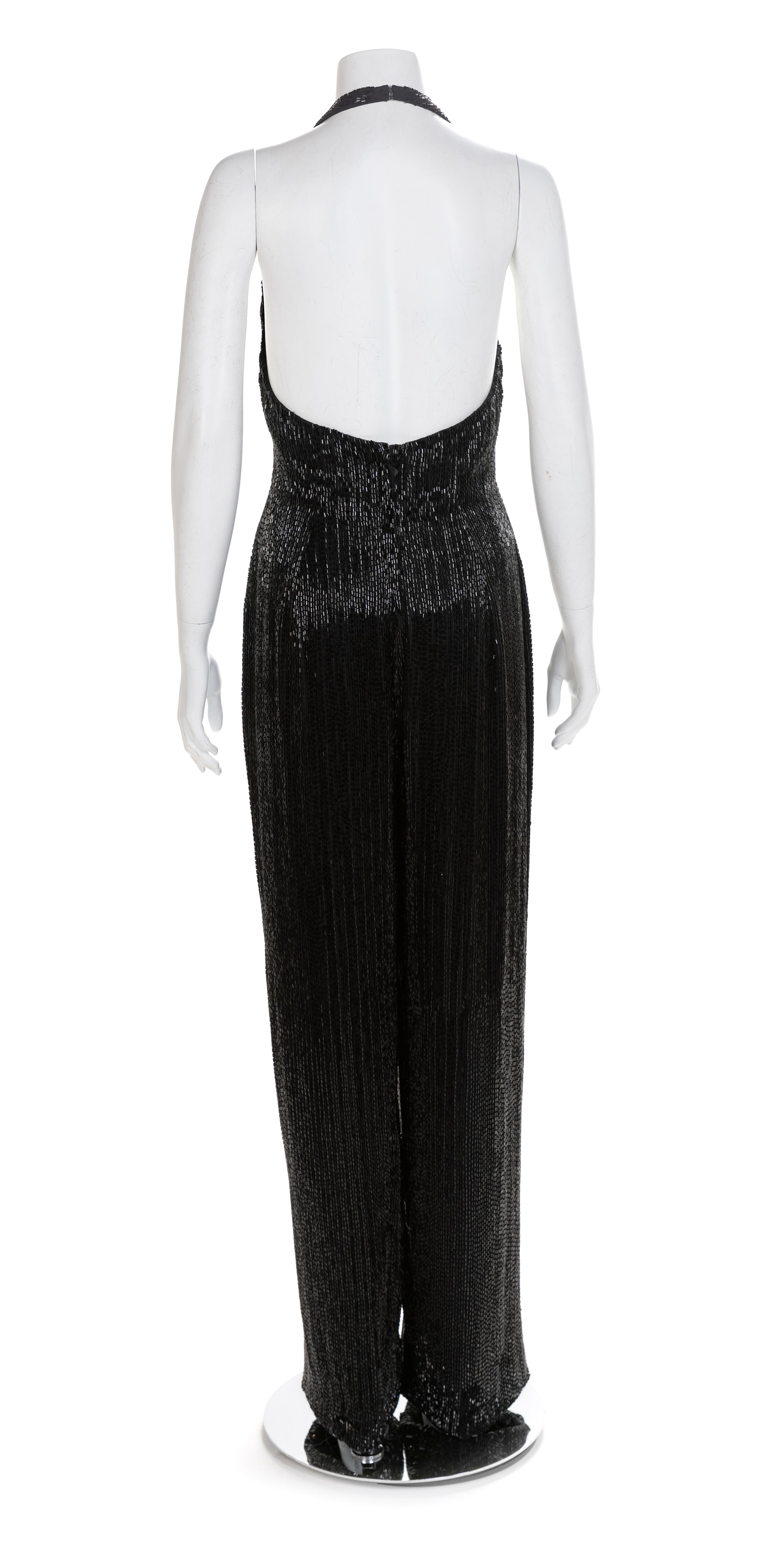 J&M Costumers Hollywood Black Glass Bead Jumpsuit, 1980-90s No size label
