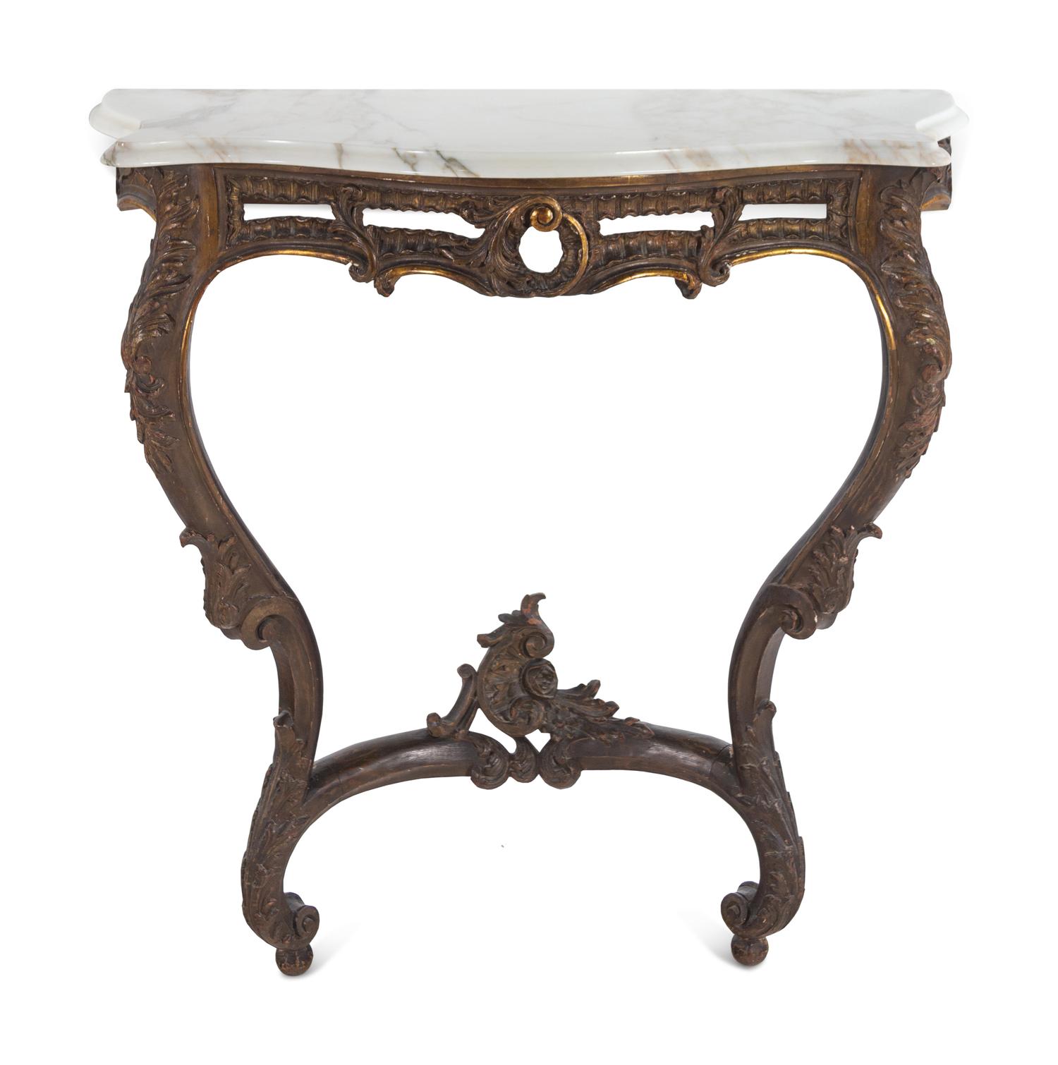 A Louis XV Style Carved Walnut Marble-Top Console Table