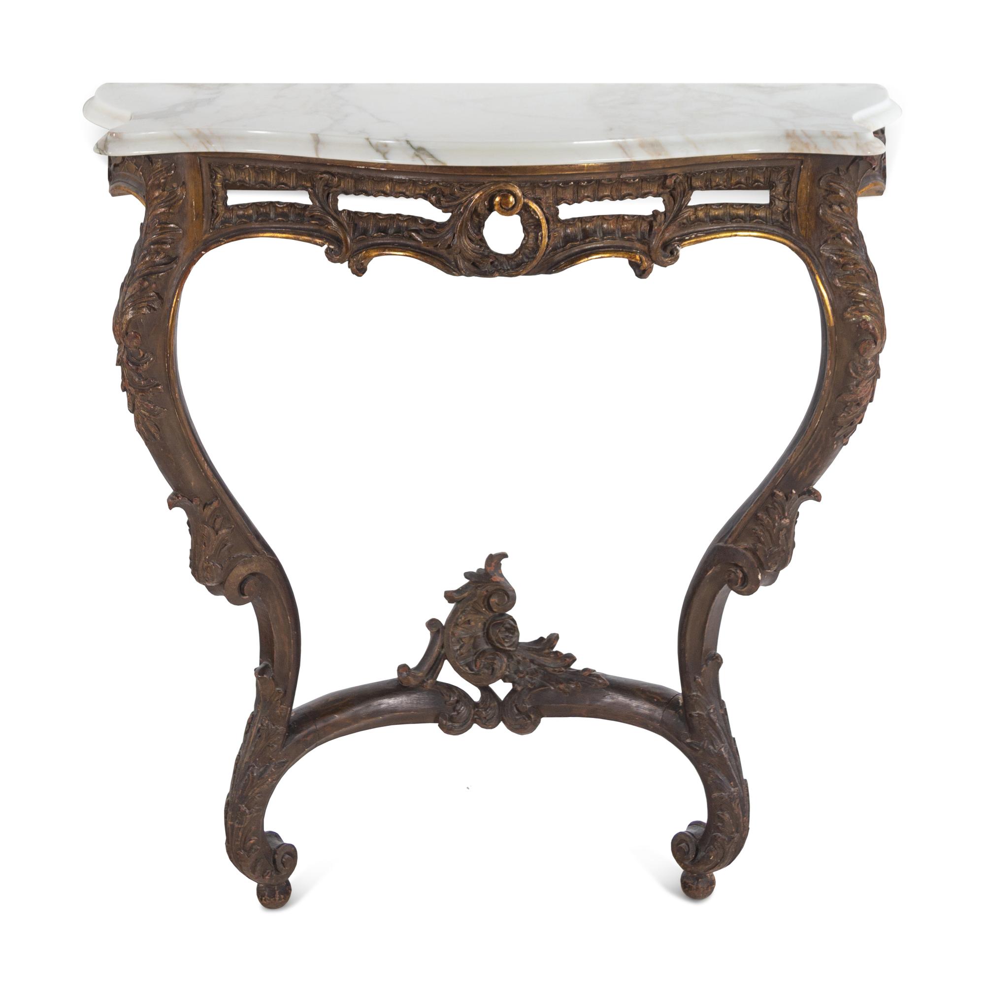 A Louis XV Style Carved Walnut Marble-Top Console Table