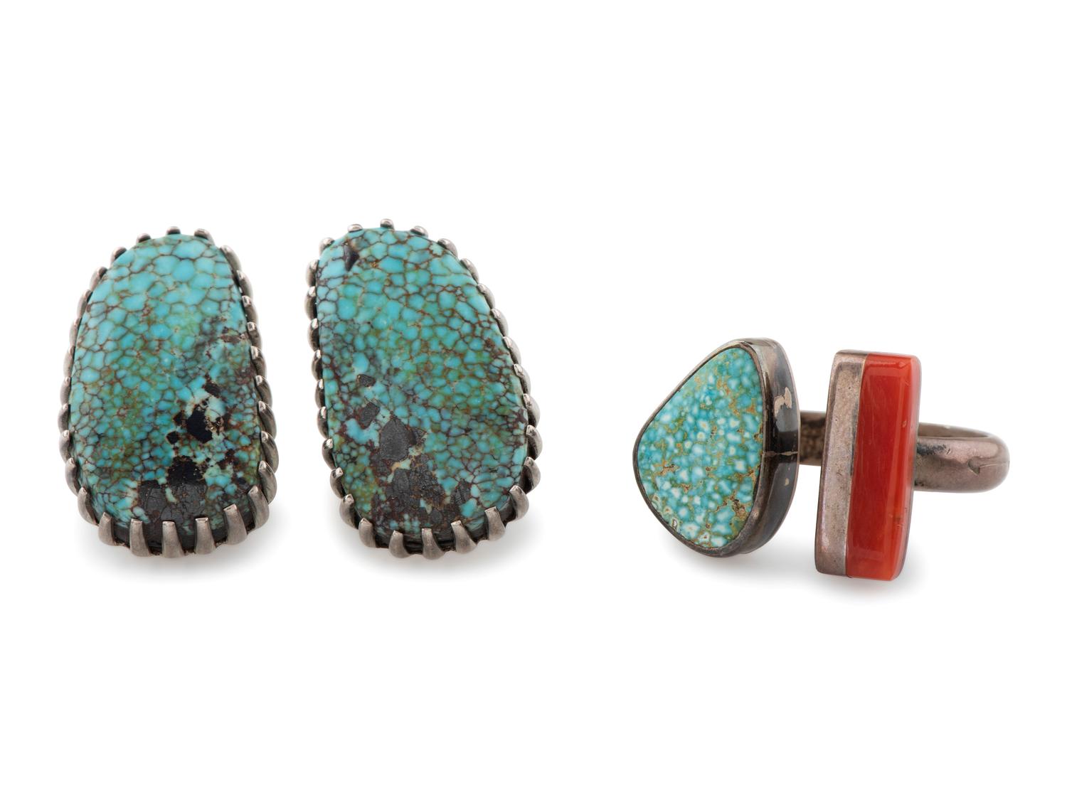 Navajo Silver, Coral, and Turquoise Ring and Post Earrings