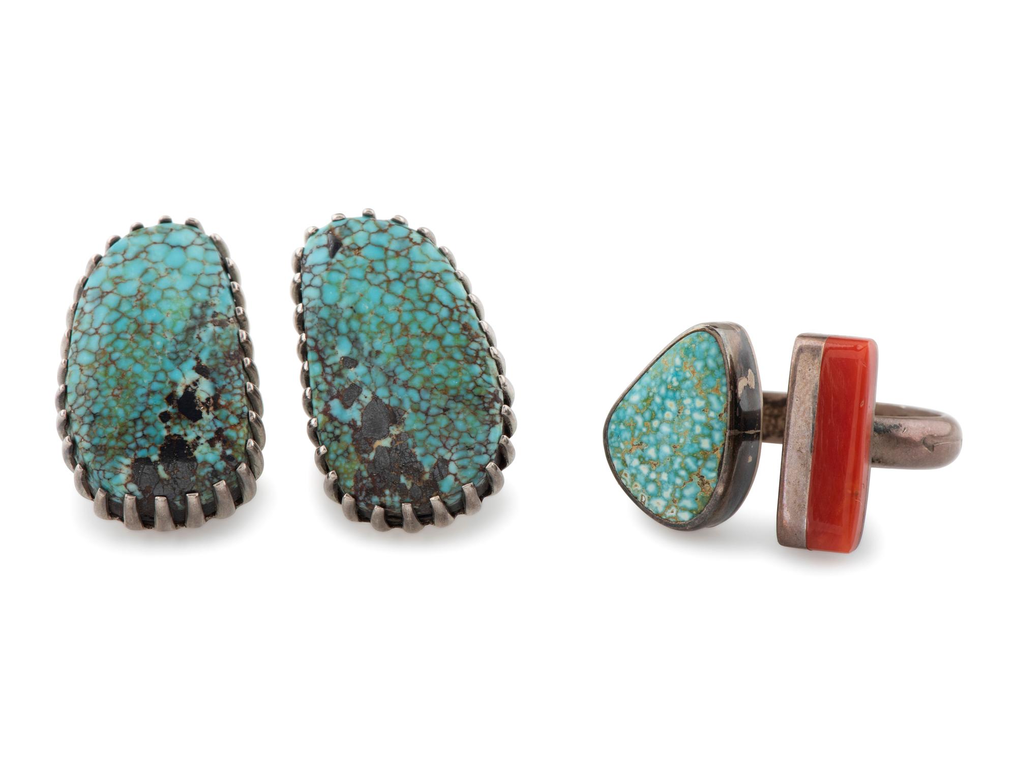 Navajo Silver, Coral, and Turquoise Ring and Post Earrings