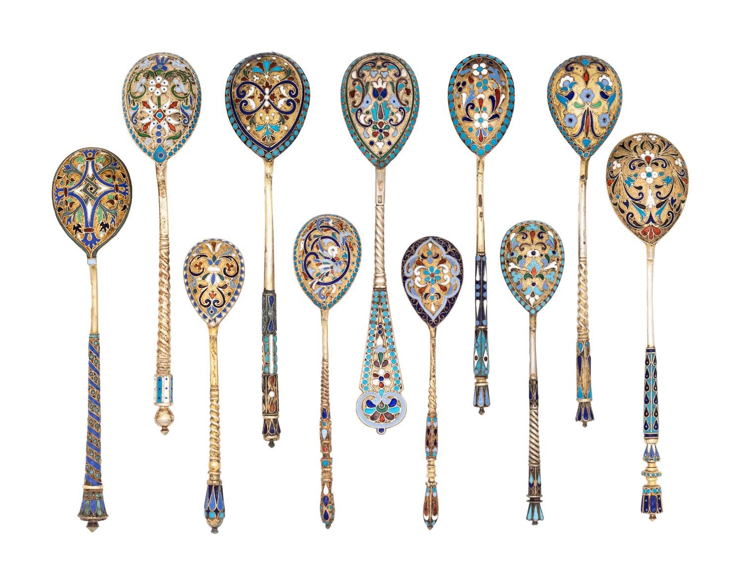 Twelve Russian Enameled Silver Spoons