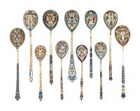 Twelve Russian Enameled Silver Spoons