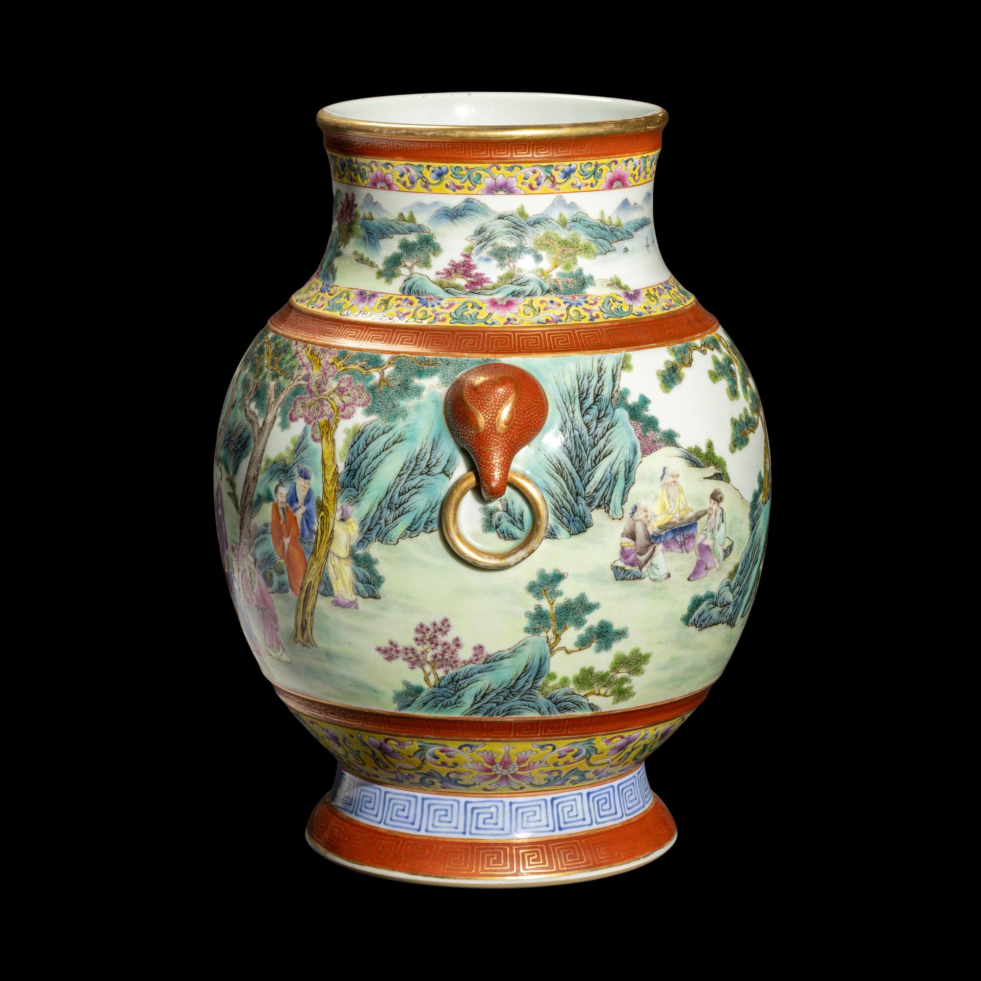 A Chinese Famille Rose Porcelain Baluster Hu Vase 粉彩竹林七賢圖雙耳壺