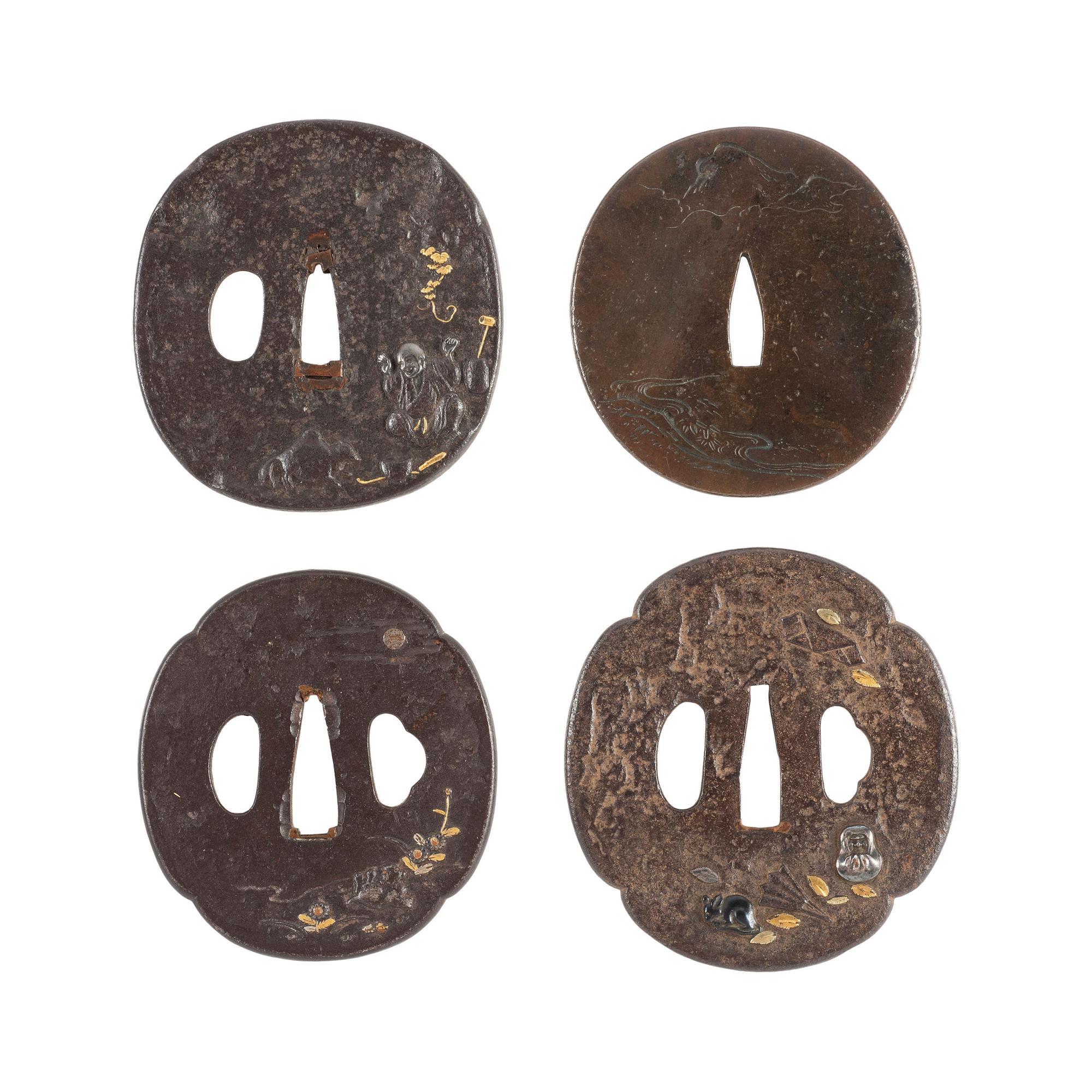 Lot of Four Japanese Tsubas with Folkloric Animal Motifs