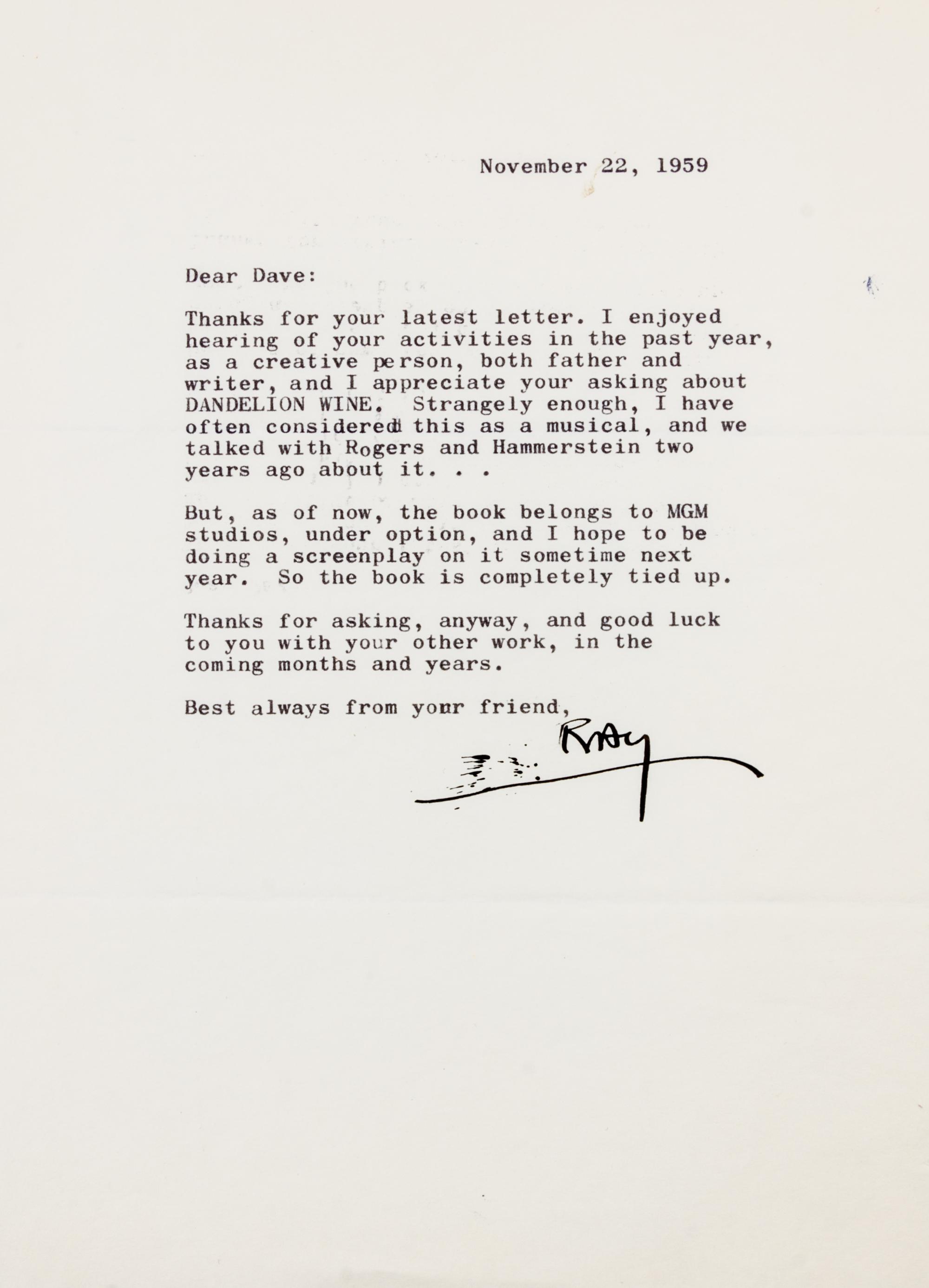 BRADBURY, RAY. An archive of typed letters signed. With an illustrated cover.