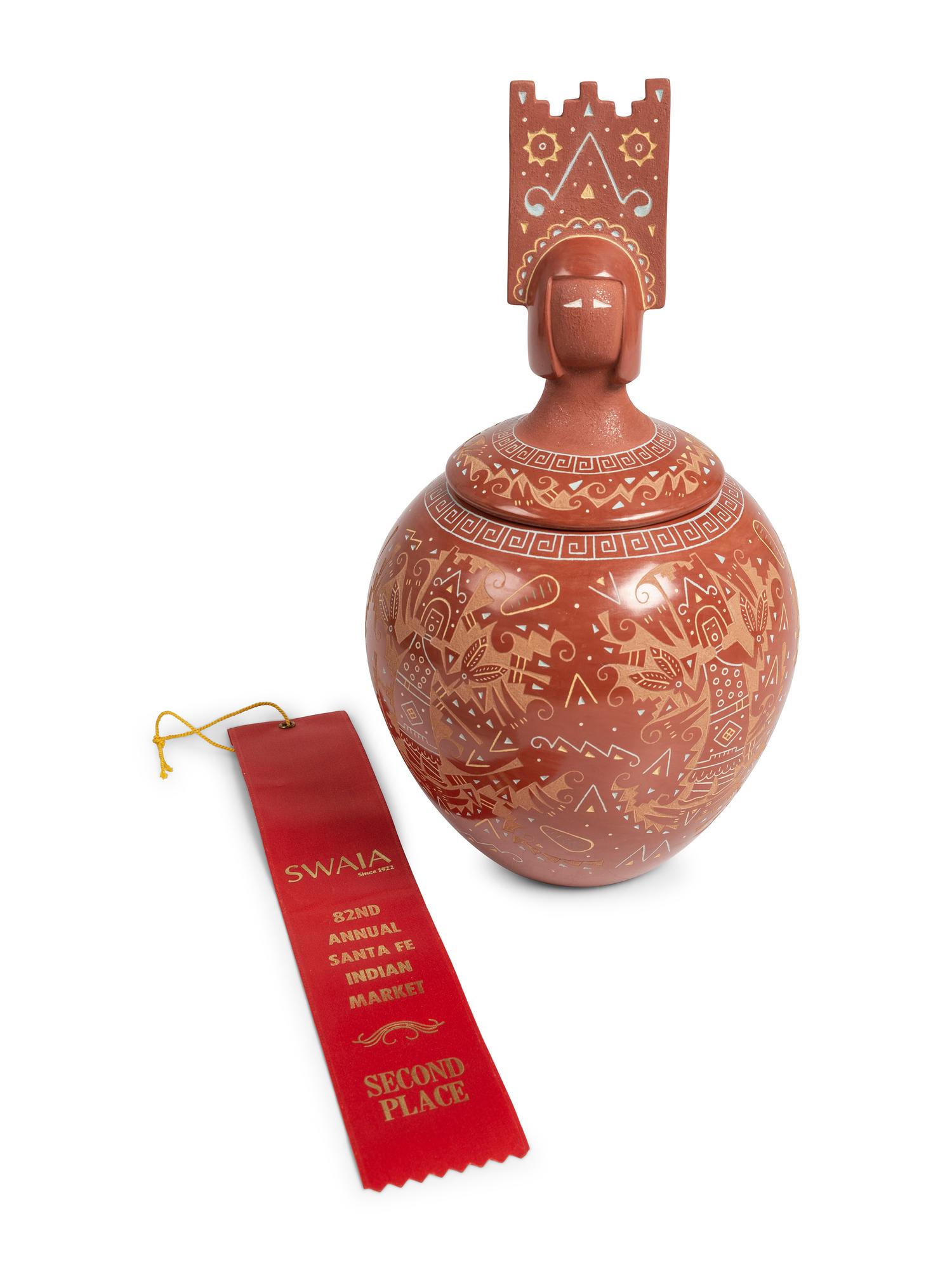 Award Winning Polychrome Redware Sgraffito Lidded Pottery Jar, Corn Dance