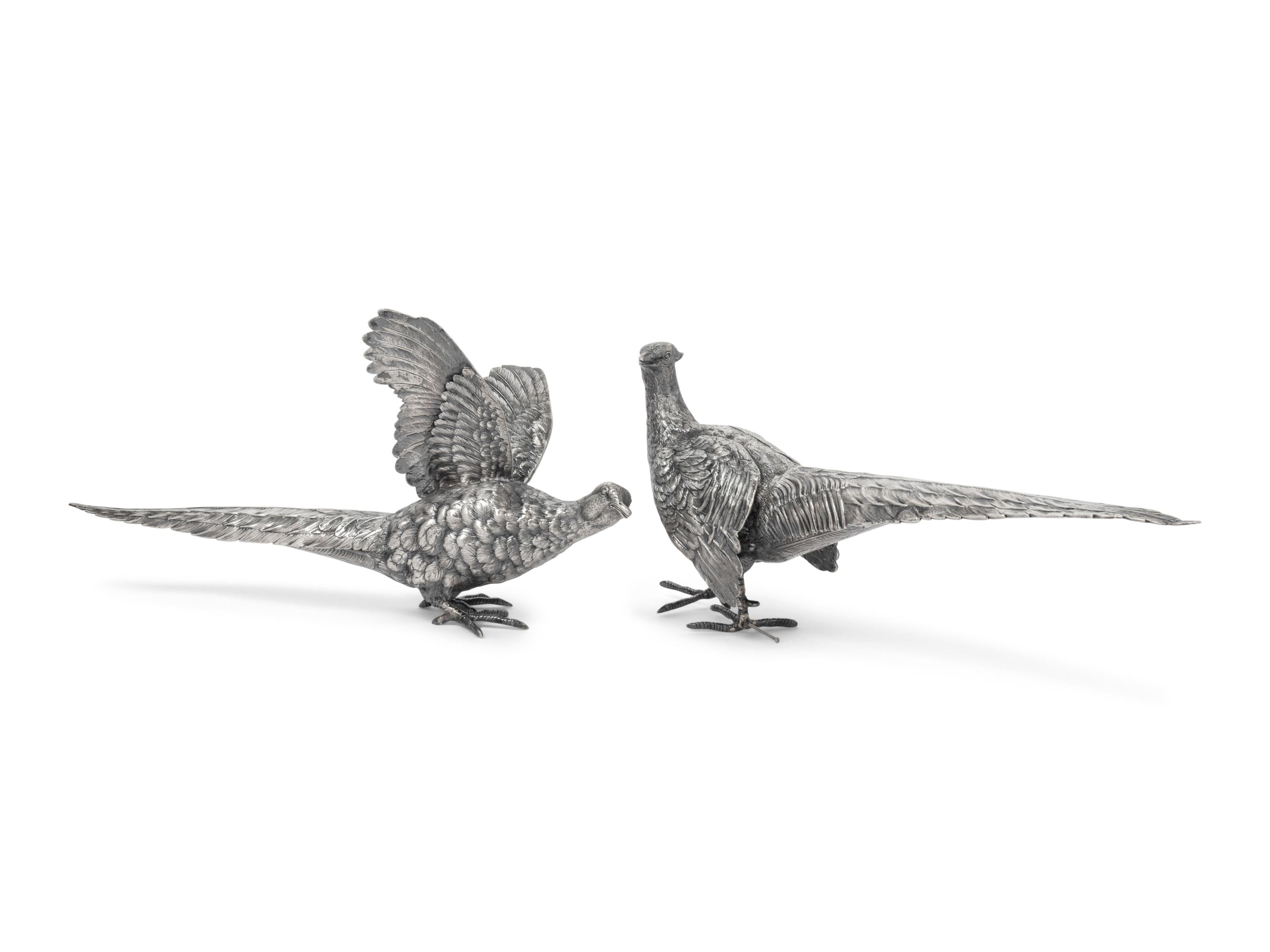 A Pair of Continental Silver-Plate Models of Pheasants
