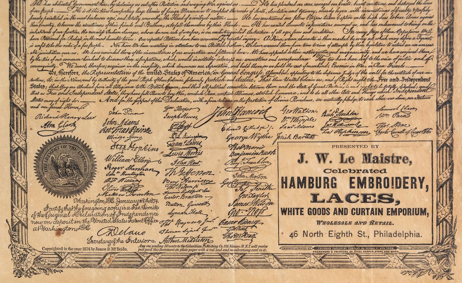 (BROADSIDE) Declaration of Independence. Centennial Memorial Broadside. New York, c. 1876.