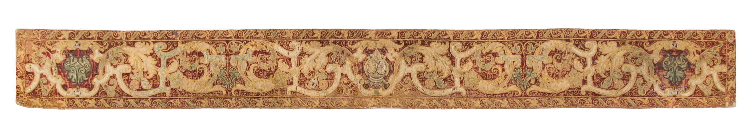 A Continental Embroidered Velvet Panel or Table Runner Length 99 x width 10 1/2 inches. — 17TH/18TH CENTURY