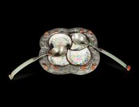A Set of Three Chinese Pewter and Painted Canton Enamel Wares