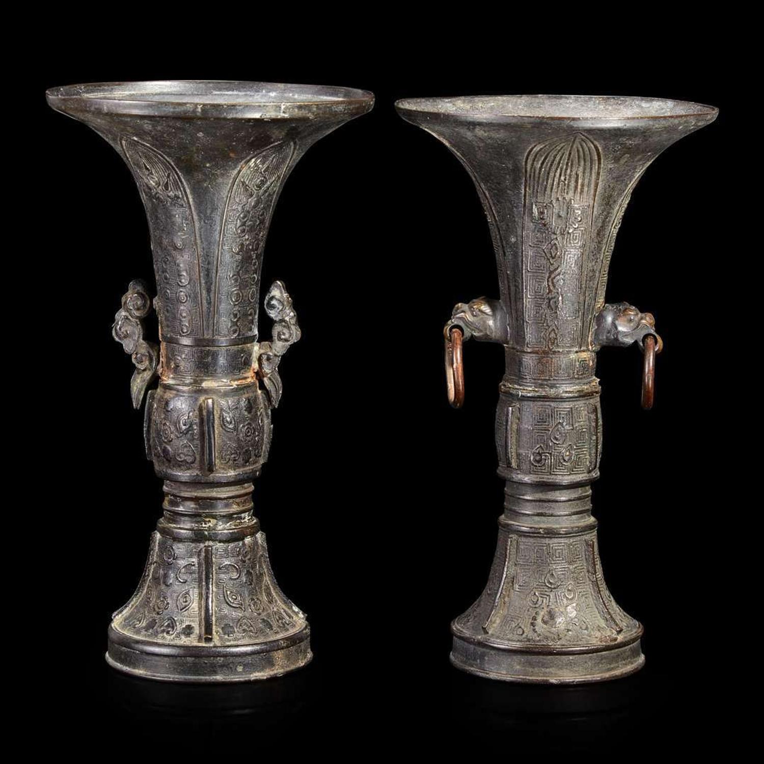Two patinated bronze archaistic gu-form vases 18th/19th century or earlier