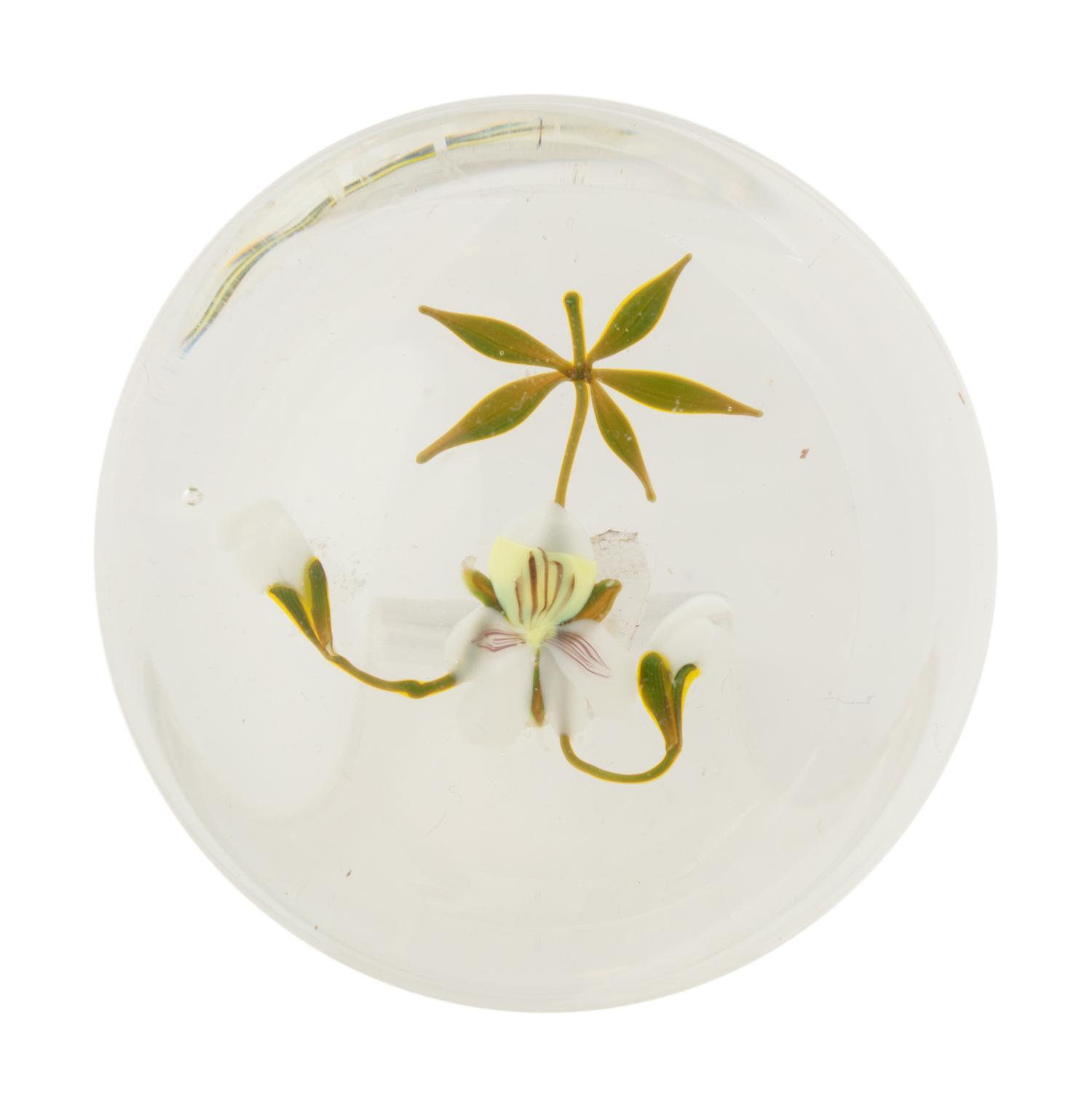 A White Flower with Two Buds Botanical Glass Paperweight