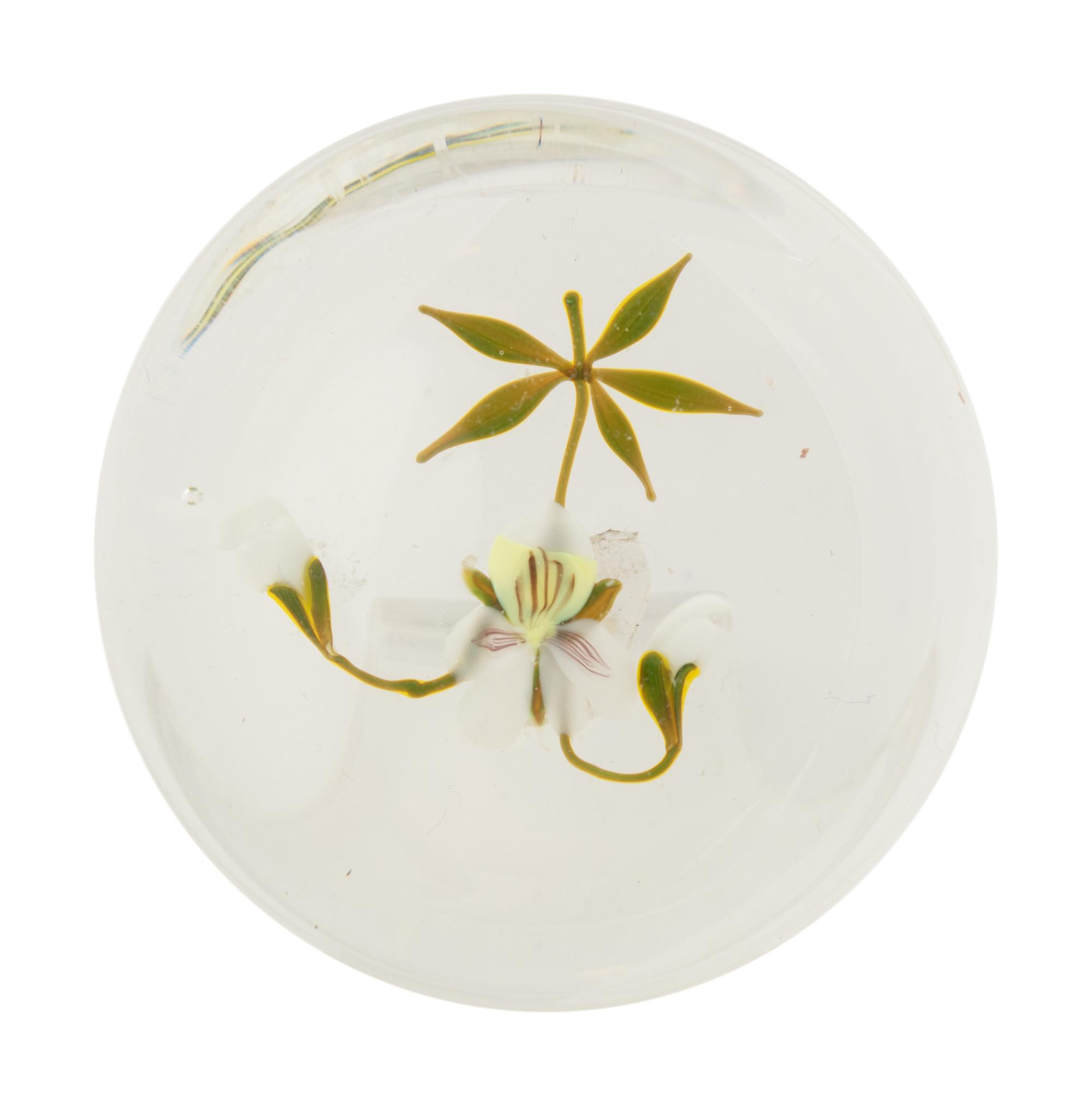 A White Flower with Two Buds Botanical Glass Paperweight