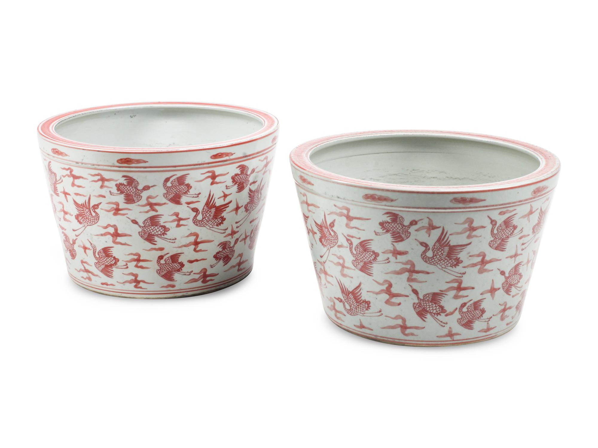 A Pair of Chinese Export Style Porcelain Jardinieres