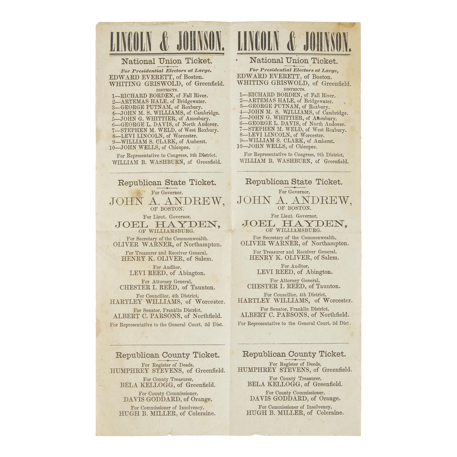 (Lincoln, Abraham) Uncut 1864 Massachusetts Republican Tickets