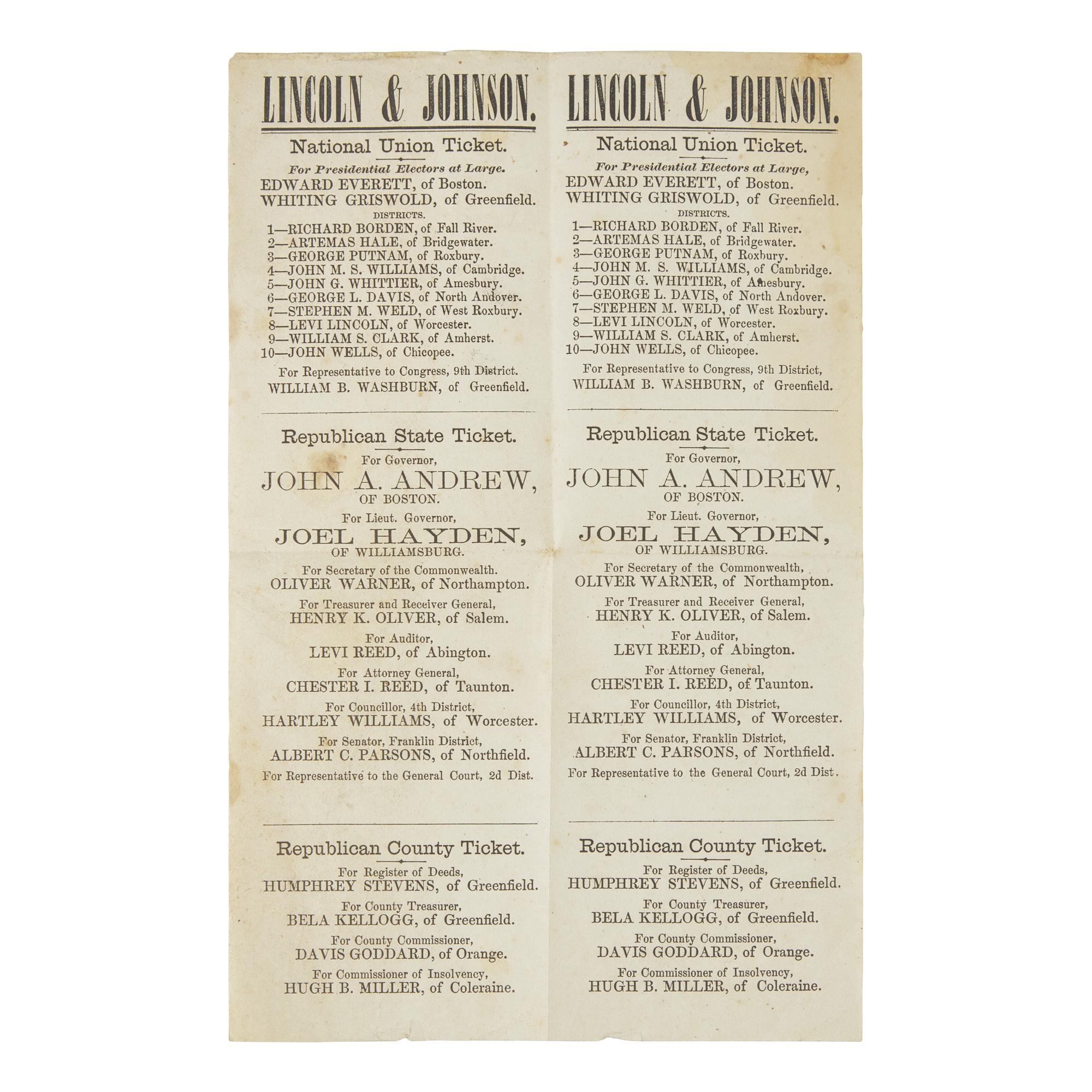 (Lincoln, Abraham) Uncut 1864 Massachusetts Republican Tickets