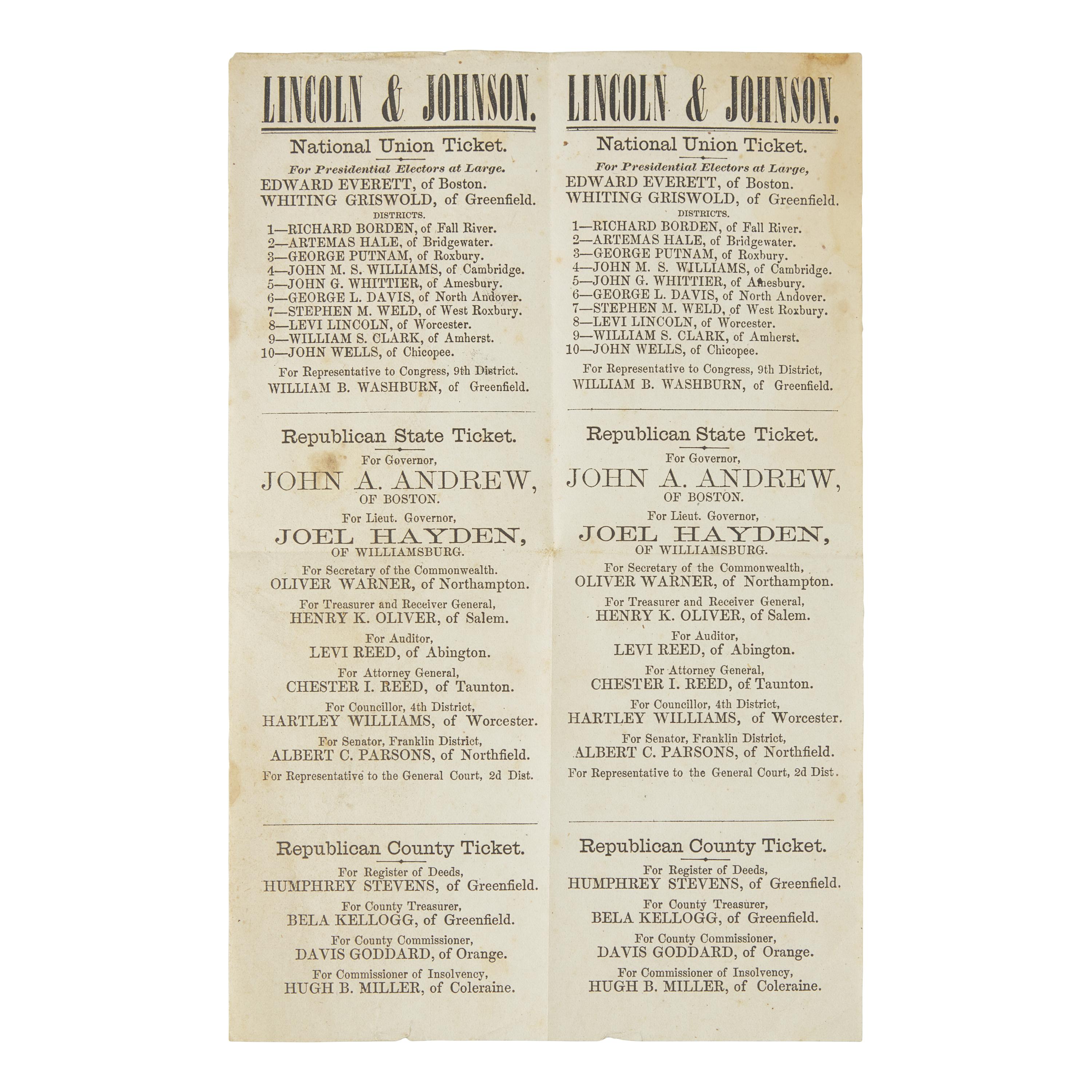(Lincoln, Abraham) Uncut 1864 Massachusetts Republican Tickets