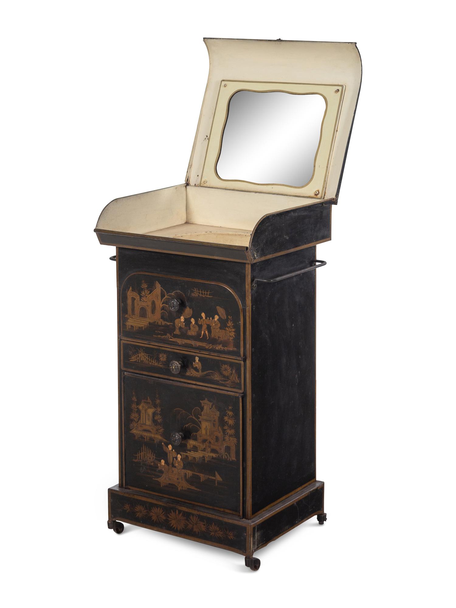 An English Chinoiserie Decorated Tôle Dressing Cabinet