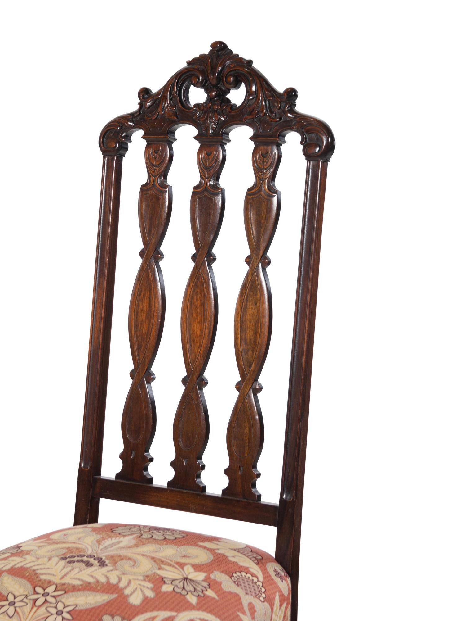 A Pair of William and Mary Style Mahogany Hall Chairs with Scalamandré Upholstery